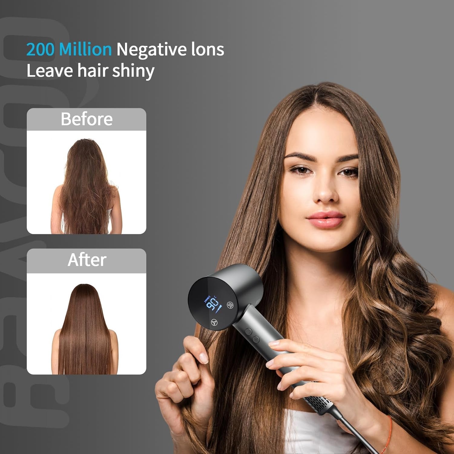 Kvinde med glansfuldt hår, der bruger ionisk hårtørrer med 200 millioner negative ioner, illustreret luftstrøm for øget glans og mindre krus.