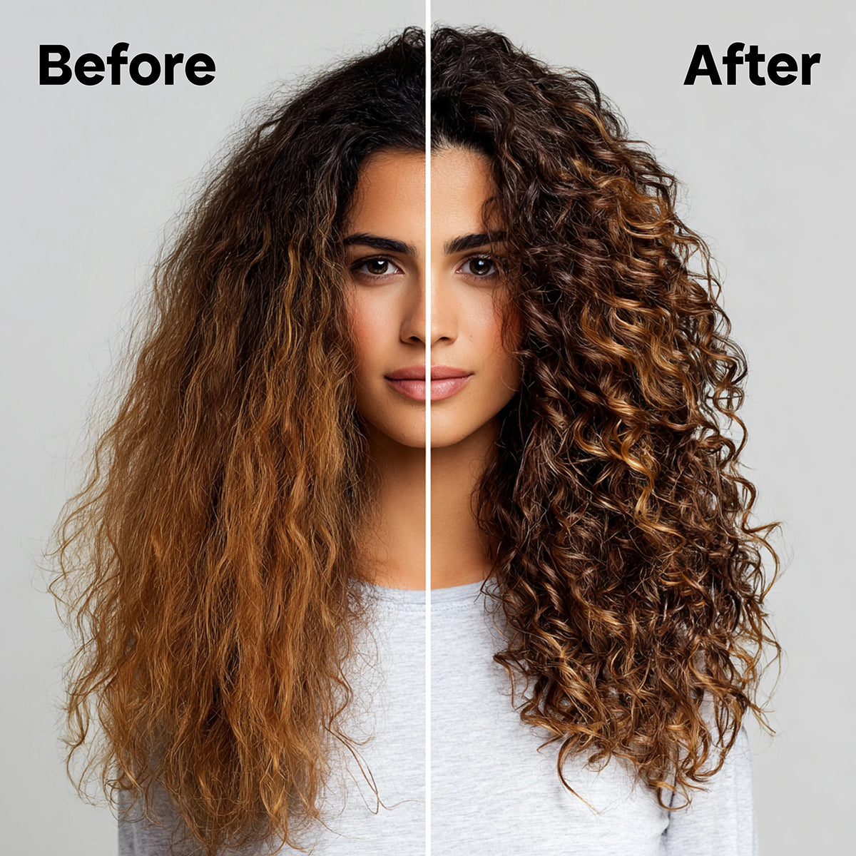 Lockiges Haar vor und nach der Anwendung von Bali Curls Bonding Repair Overnight Elixir N°4 100 ml mit sichtbar verbessertem Glanz und Struktur.