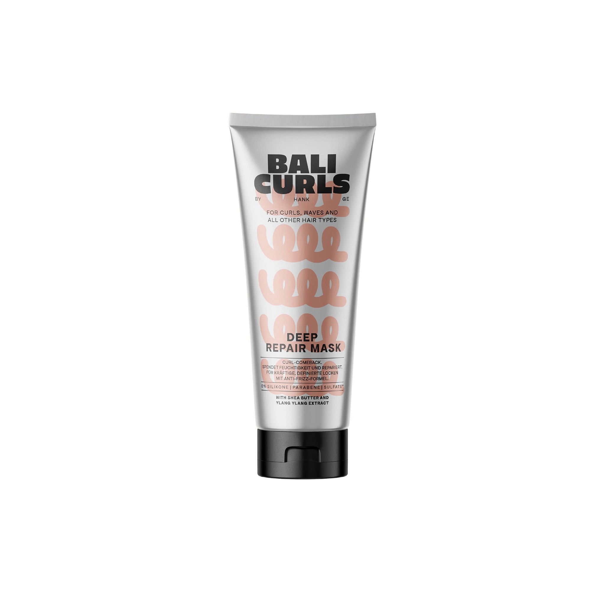 Bali Curls Deep Repair Mask 200ml i sølvfarvet tube med sort låg og rosa krøllemønster på frontetiketten.