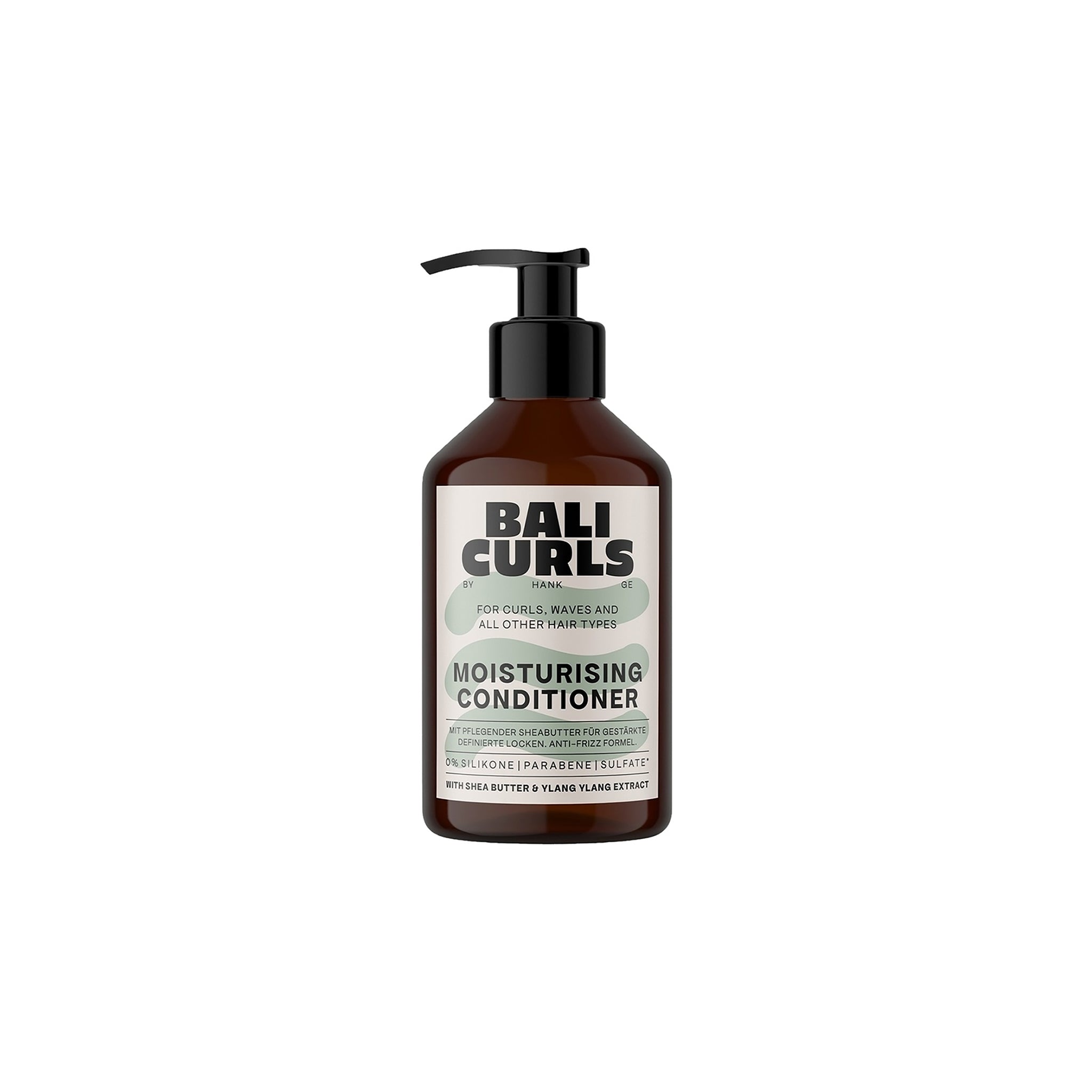 Bali Curls Moisturising Conditioner 250ml i brun pumpeflaske med sort låg og lysegrøn etiket med mørk tekst.