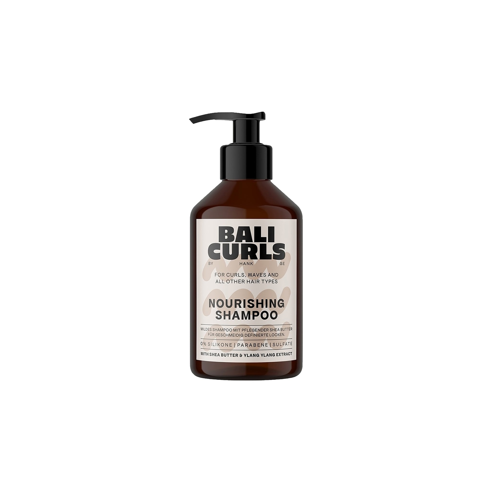 Bali Curls Nourishing Shampoo 250ml i brun plastflaske med sort pumpe og beige etiket med mørk tekst.
