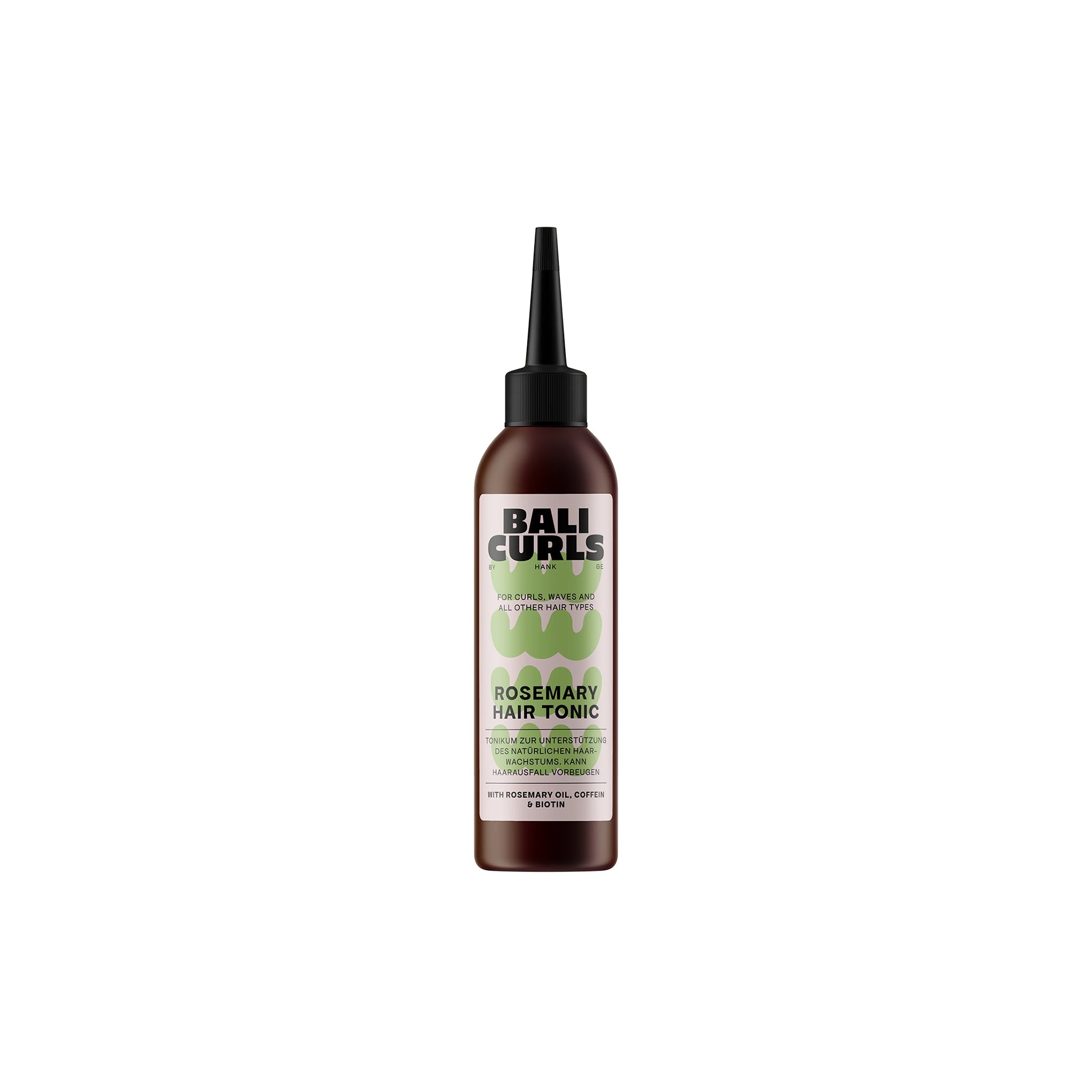 Brown bottle of BALI CURLS Rosemary Hair Tonic with green label and black tip, ideal for curly and wavy hair.
