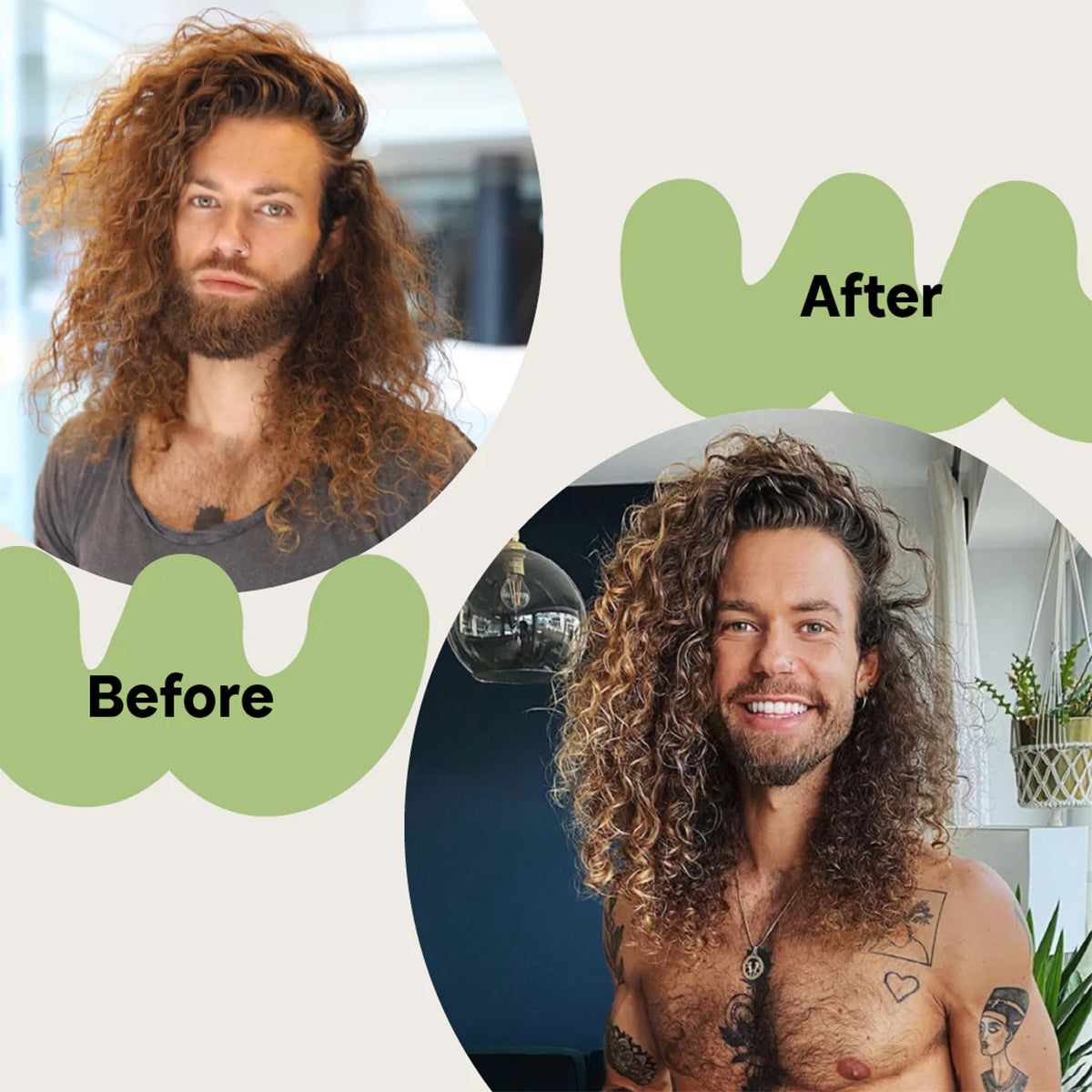 Man with long curly hair before and after using bali curls rosemary grow tonic – visibly healthier and more defined curls.