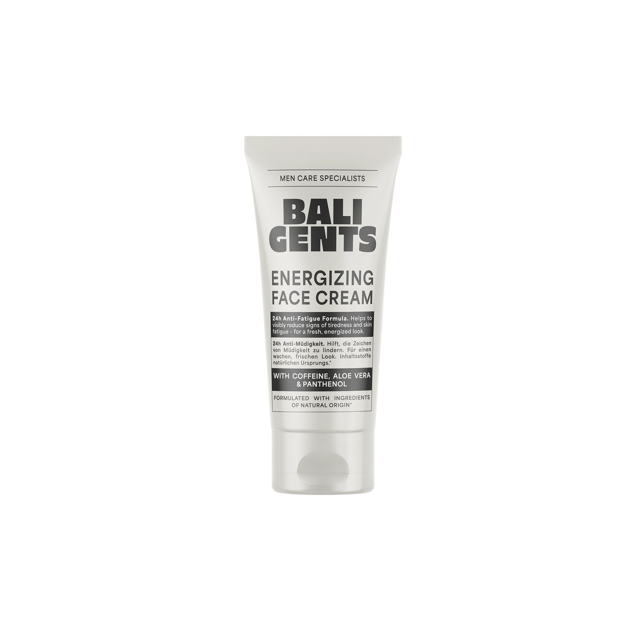 Tube of Bali Gents Energizing Face Cream for men, with caffeine, aloe vera and panthenol on a white background.