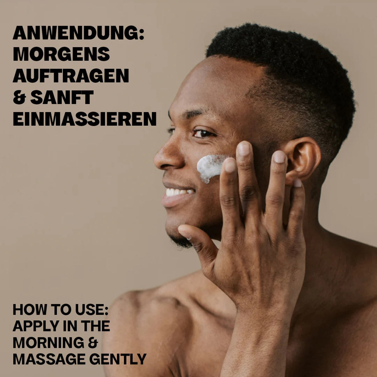 Man smiles and applies Bali Gents Energizing Face Cream 50ml to cheek against beige background.