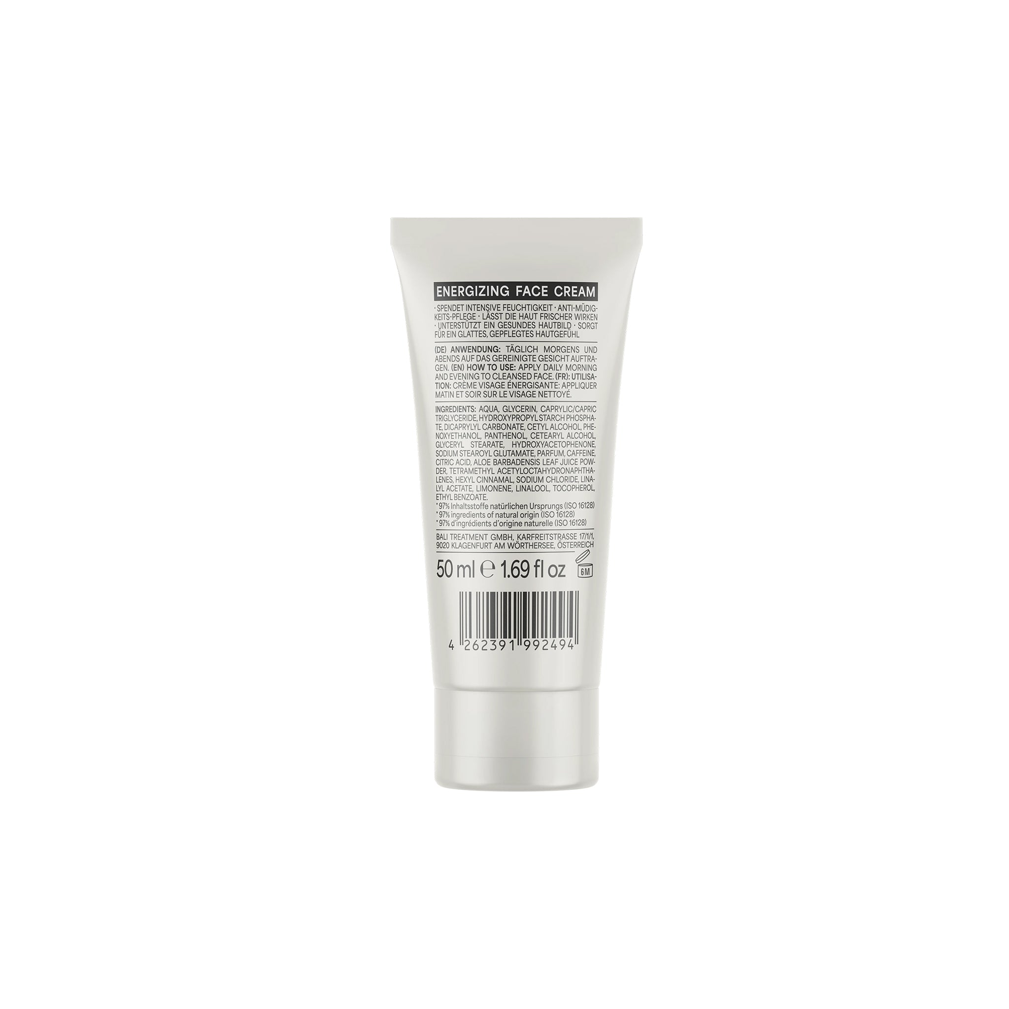 Tube of Bali Gents Energizing Face Cream 50ml seen from behind, with list of ingredients and barcode on light gray packaging.