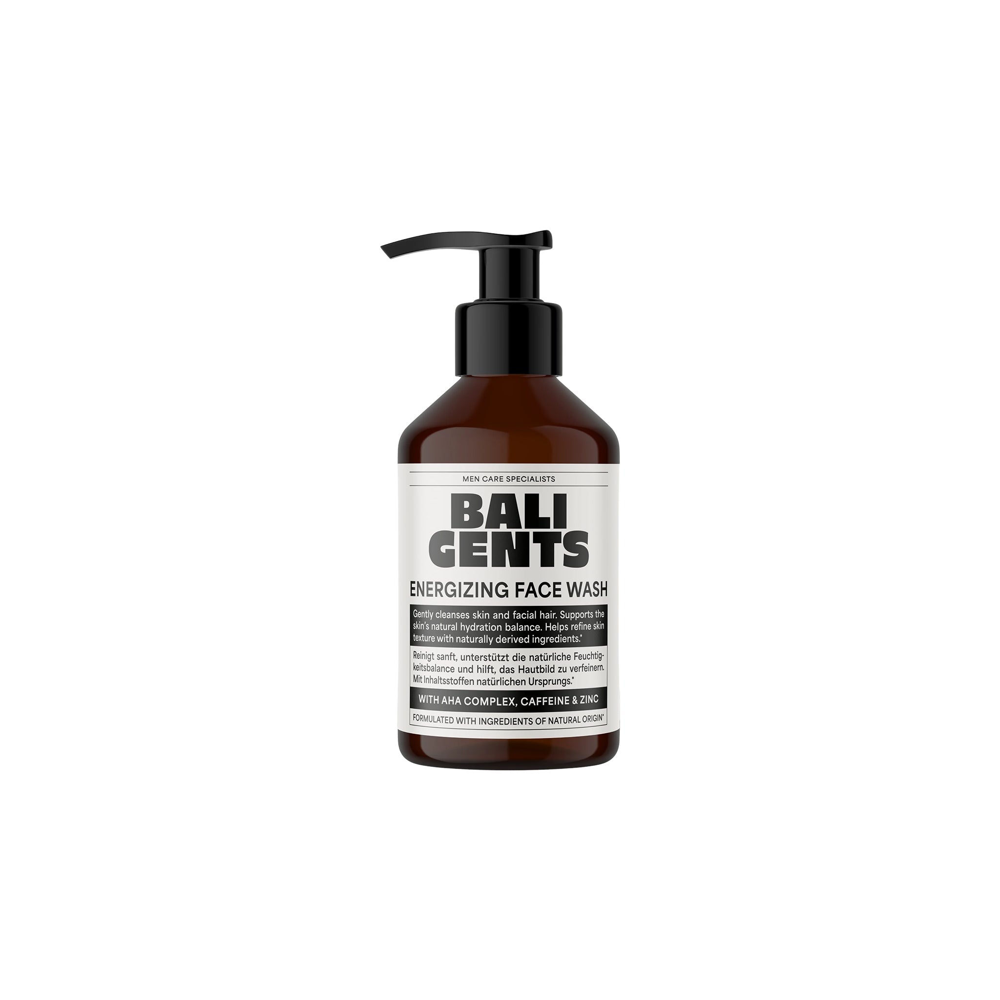 Brown pump bottle with BALI GENTS Energizing Face Wash for men, enriched with AHA complex, caffeine and zinc.