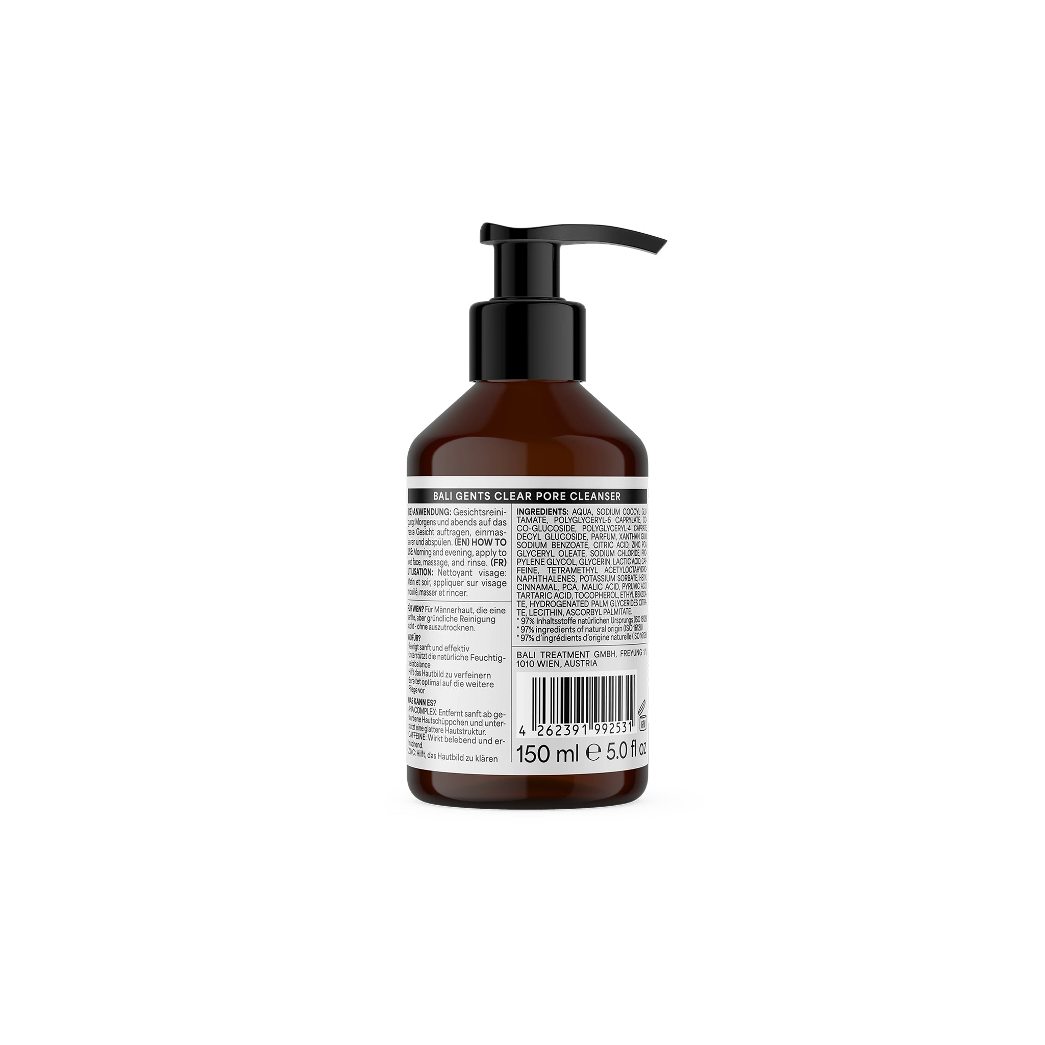 Brown pump bottle with Bali Gents Gentle Face & Beard Wash 150ml, seen from the back with ingredient list and barcode.