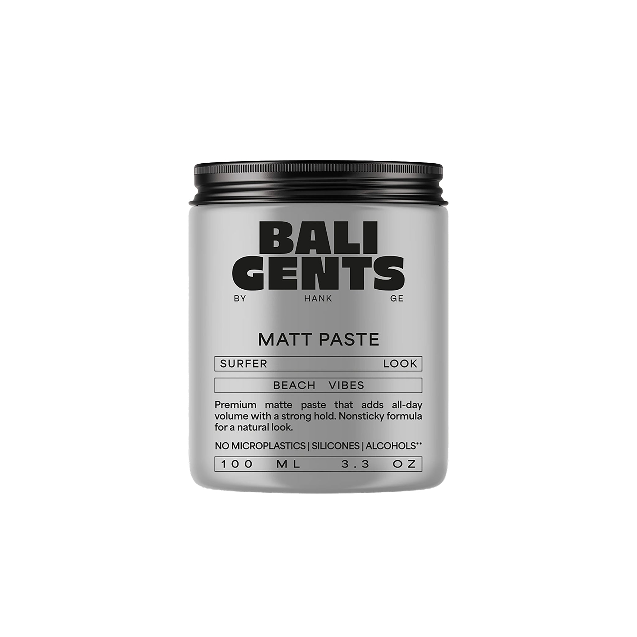Gray 100 ml can with BALI GENTS Matt Paste, a highly durable hair wax for a surfer look without microplastics or silicone.