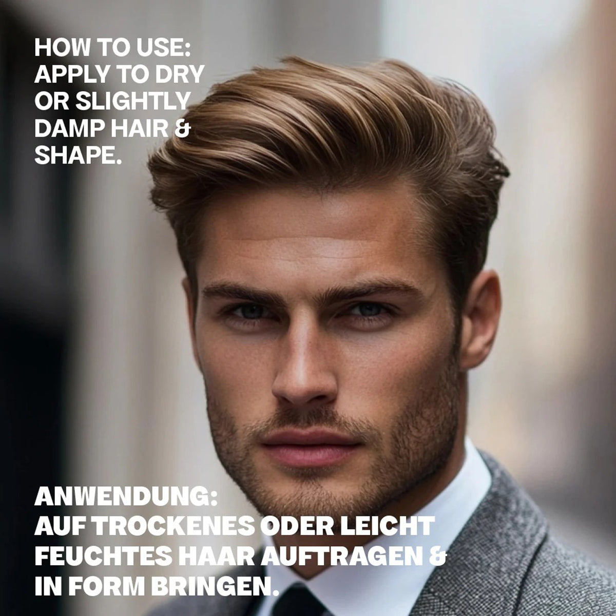 Man with styled hair and beard in a suit, styled with Bali Gents Matt Paste 100ml for a matte and firm look.