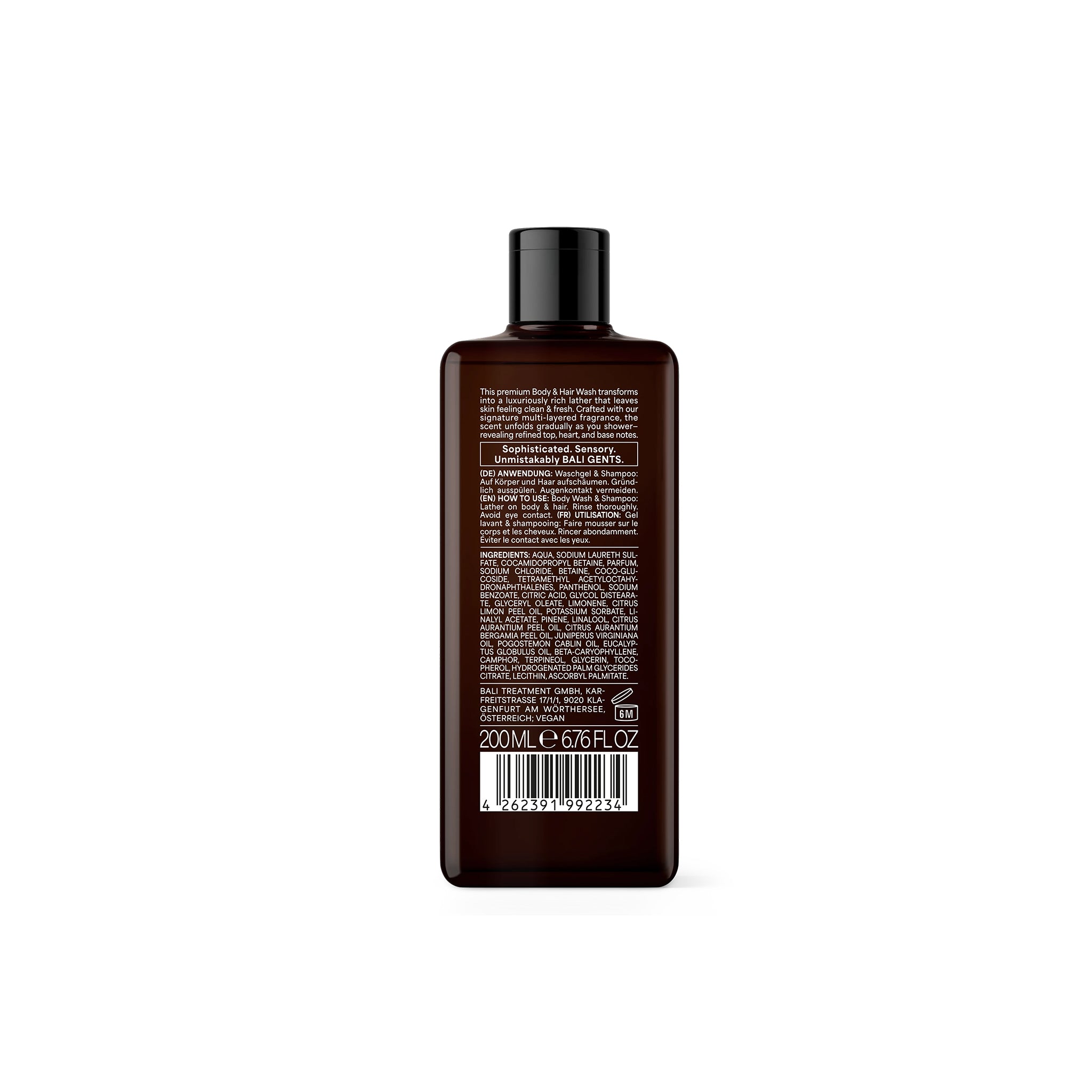 Dark bottle of Bali Gents Shower Gel Rosemary Ginger 1 200ml seen from the back with ingredient list and barcode.