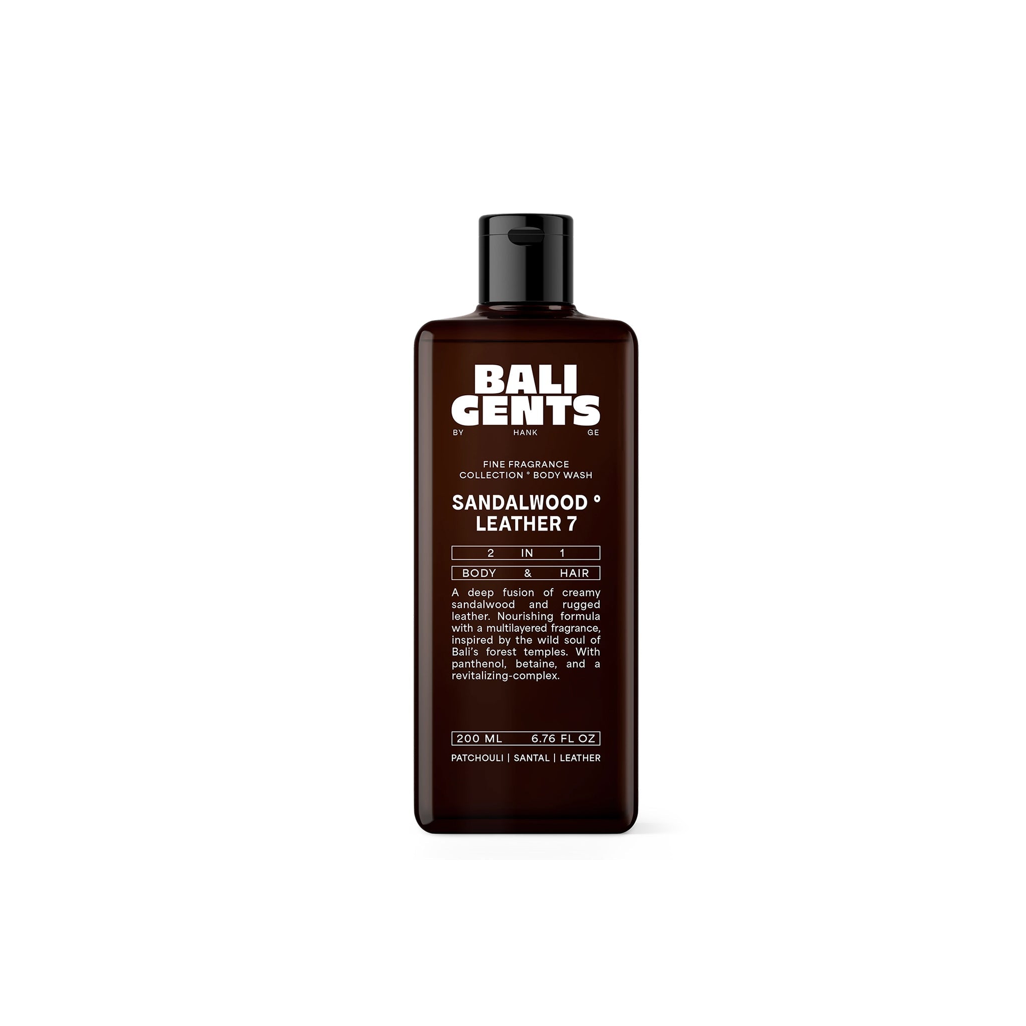 Dark brown bottle Bali Gents Sandalwood Leather 7 body wash for body and hair with the scent of sandalwood, patchouli and leather.
