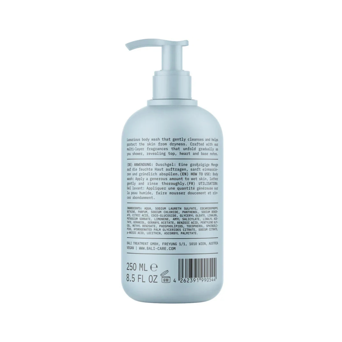 Bagside af Bali Care body wash pumpeflaske, 250 ml, med ingrediensliste og brugsanvisning på lyseblå flaske.