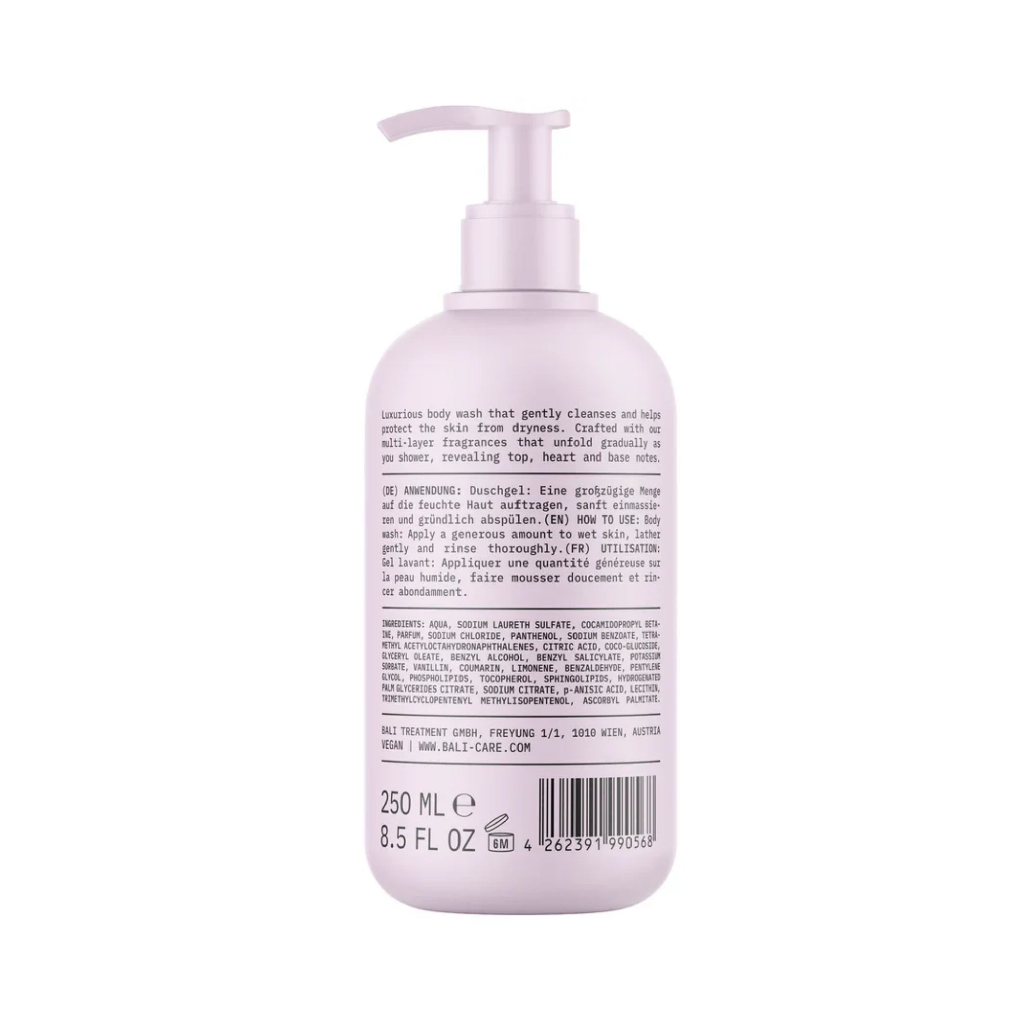 Lyslilla pumpeflaske body wash 250 ml med ingrediensliste og brugsanvisning på bagsideetiket.