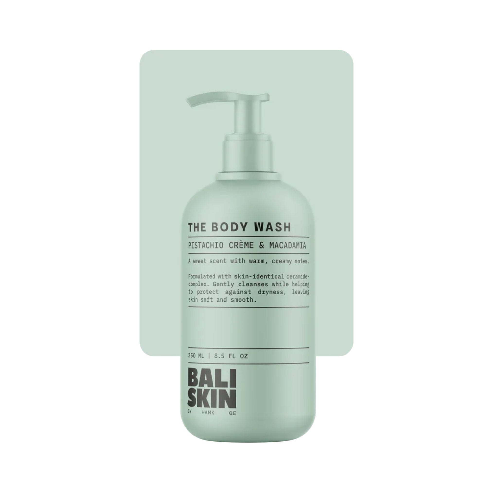 Bali Skin The Body Wash pumpeflaske i mintgrøn med Pistachio Crème & Macadamia duft, 250 ml.