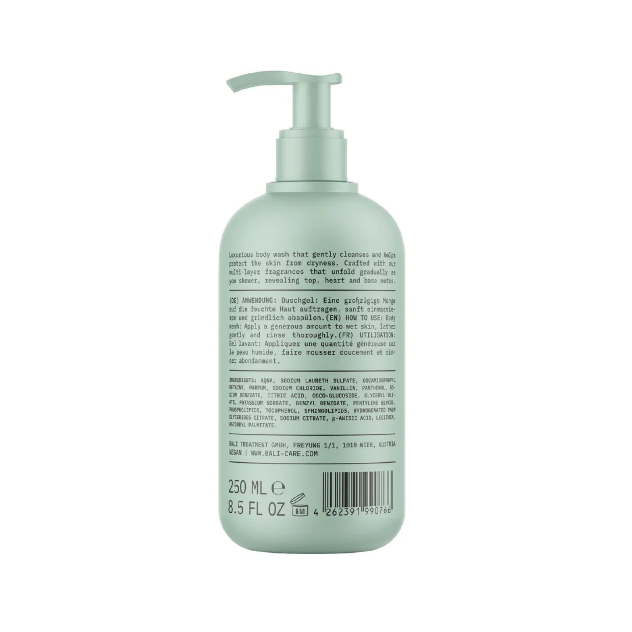 Grøn pumpeflaske Bali Treatment bodywash 250 ml med ingrediensliste og brugsanvisning på bagsiden.