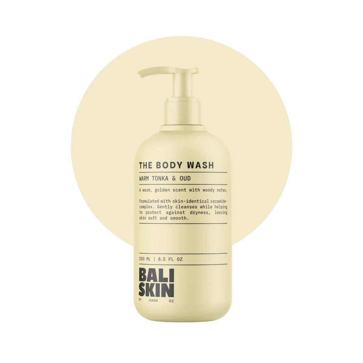 Bali Skin The Body Wash pumpeflaske i cremefarvet med duften Warm Tonka & Oud, 250 ml.