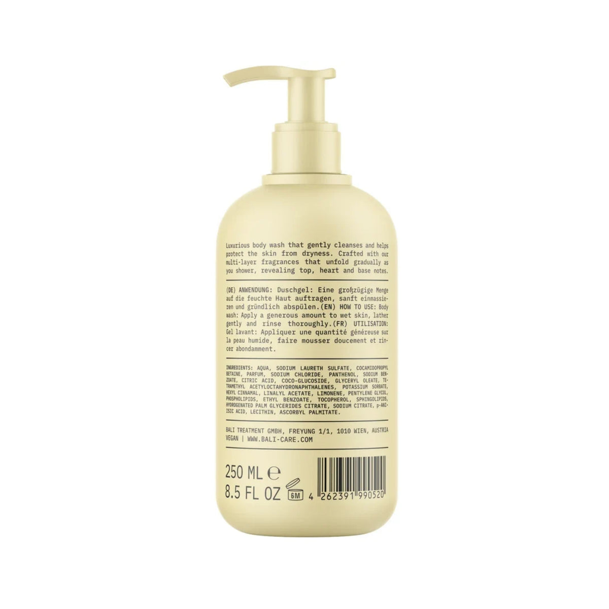 Beige pumpeflaske med Bali Treatment brusegel, bagside med ingredienser og brugsanvisning, 250 ml.