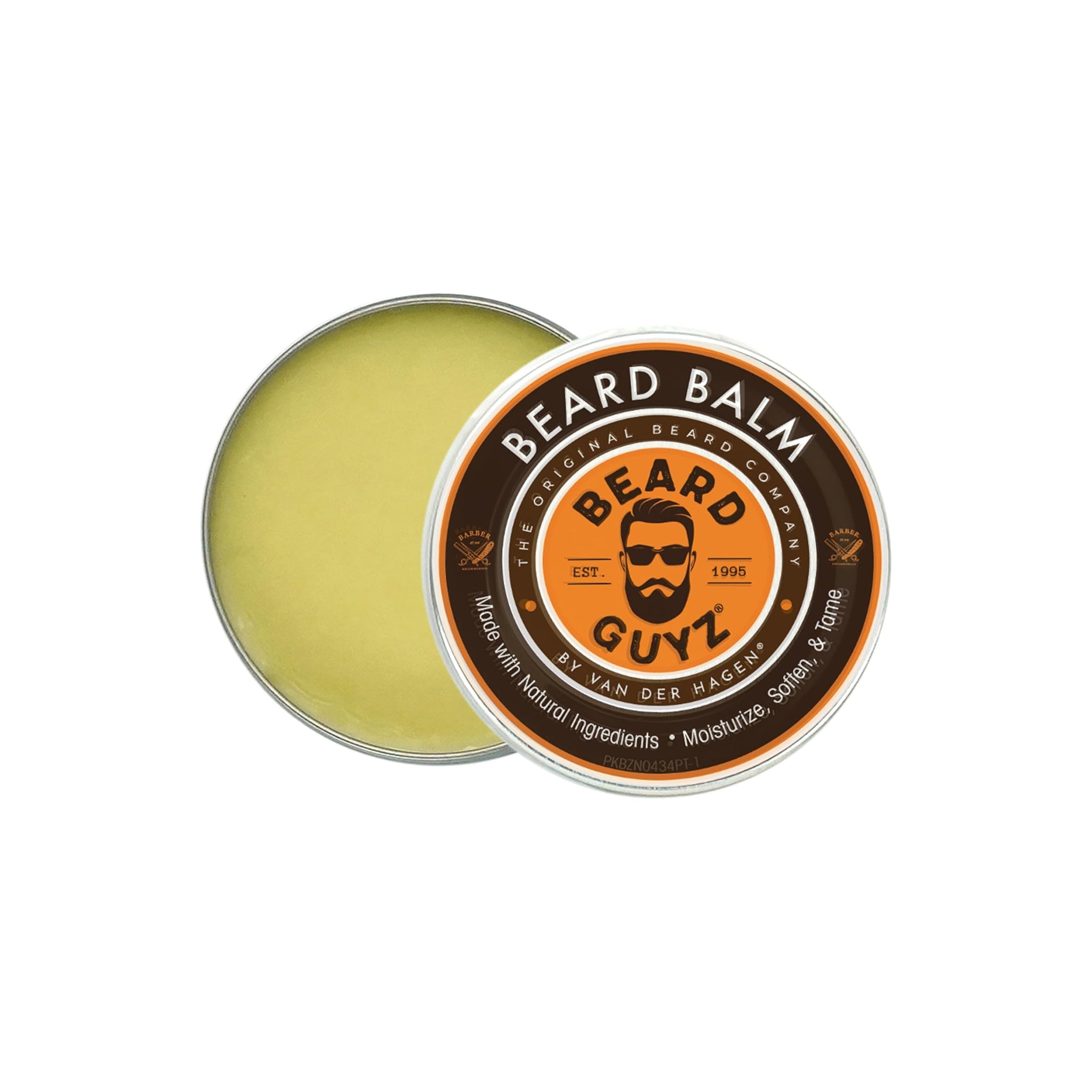 Rund dåse med skægplejebalsam fra Beard Guyz. Balsammen er gul og har en sort etikette med produktoplysninger.