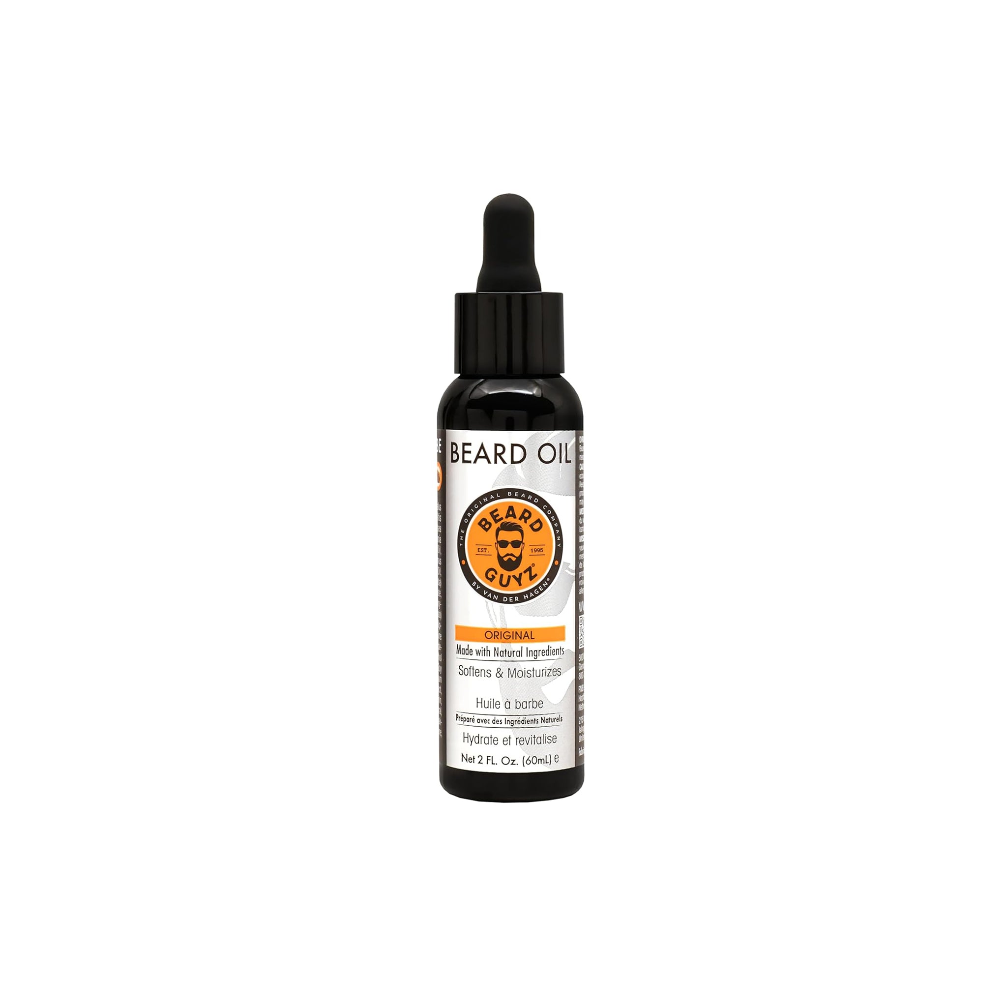 Brun glasflaske med Beard Guyz skægolie. Flasken har en sort pipette og en orange etikette med produktoplysninger.