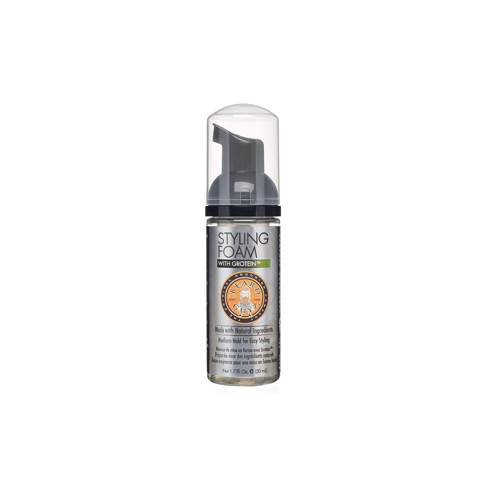 50ml skumflaske med Beard Guyz styling skum til skæg. Produktet er designet til at style og forme skægget og er beriget med naturlige ingredienser.