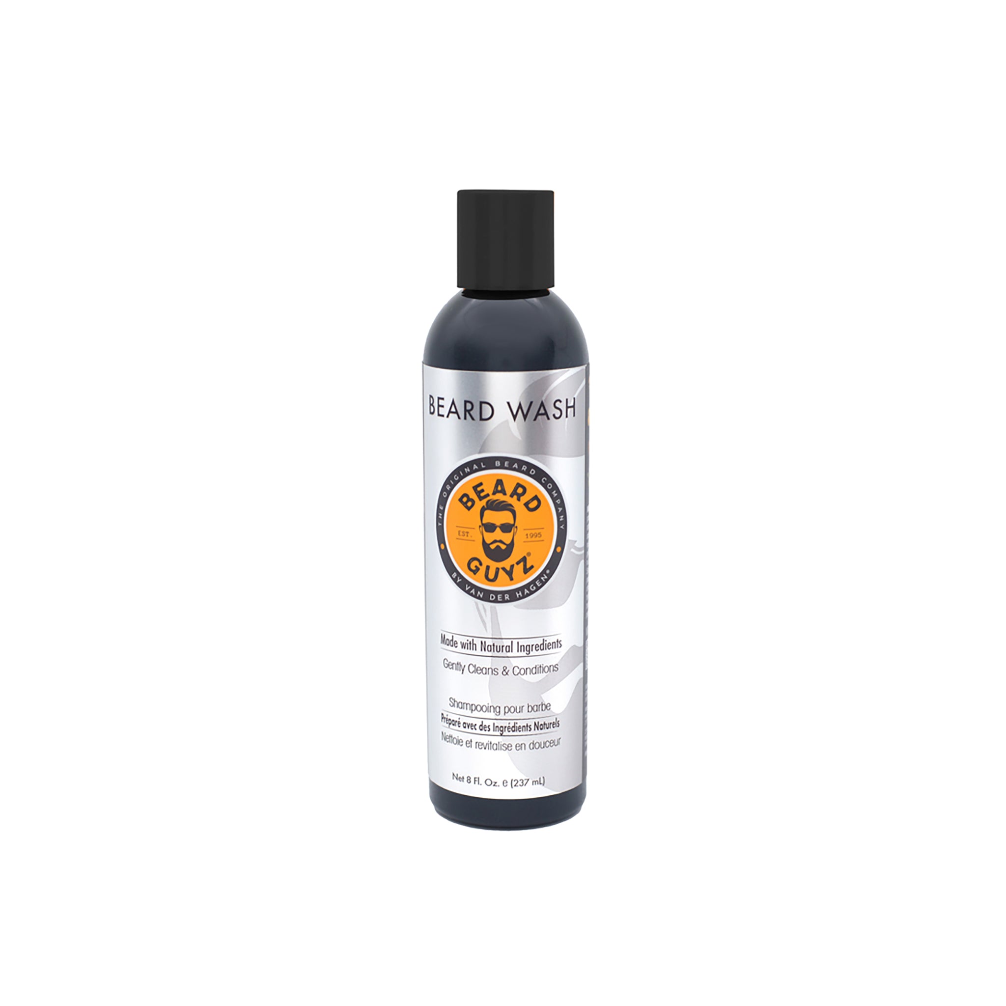 Sort plastikflaske med Beard Guyz skægshampoo. Flasken har en sort skruekapsel og en hvid etiket med produktoplysninger.