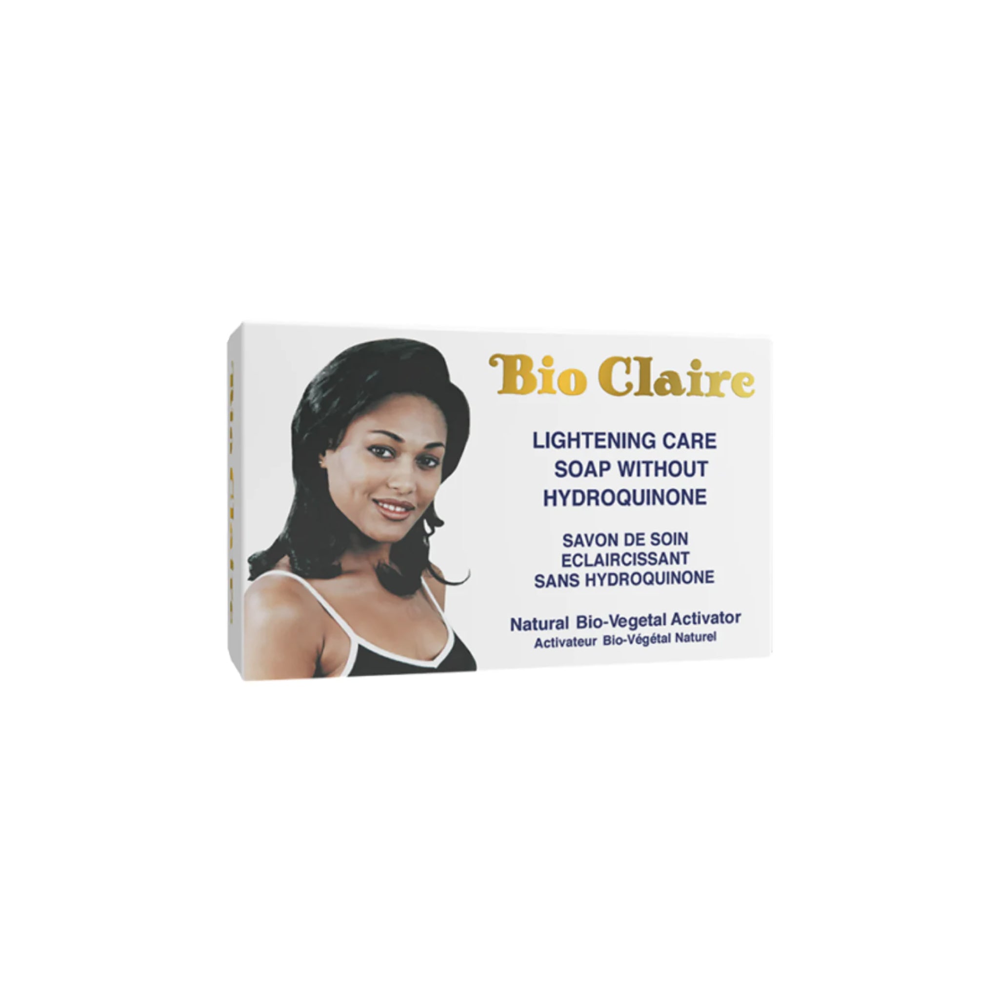 En pakke Bio Claire Lightening Soap med hvid indpakning og guld tekst.
