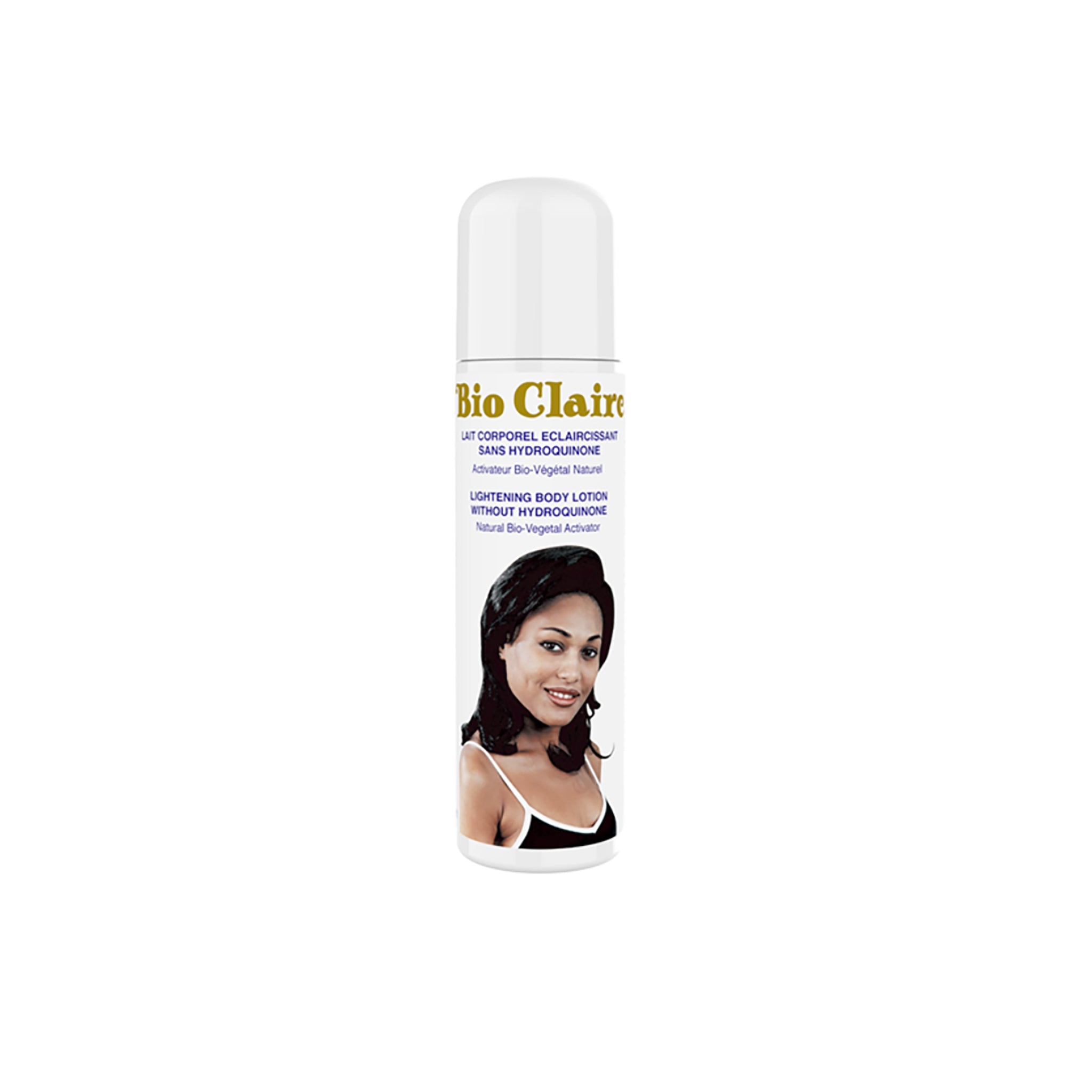 En hvid flaske Bio Claire Lightening Body Lotion med guldskrift på etiketten.
