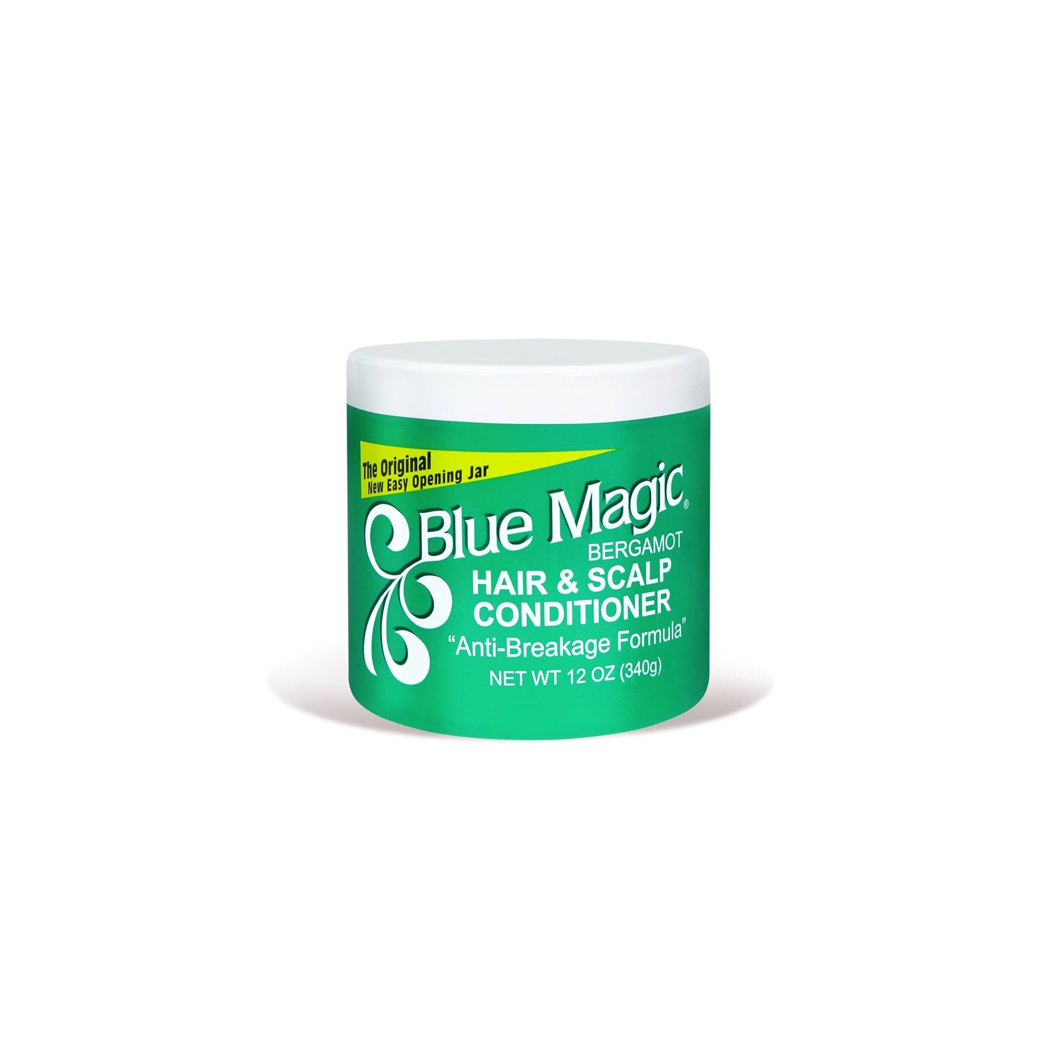 En bøtte Blue Magic Bergamot Hair & Scalp Conditioner med hvidt låg og grøn etiket.