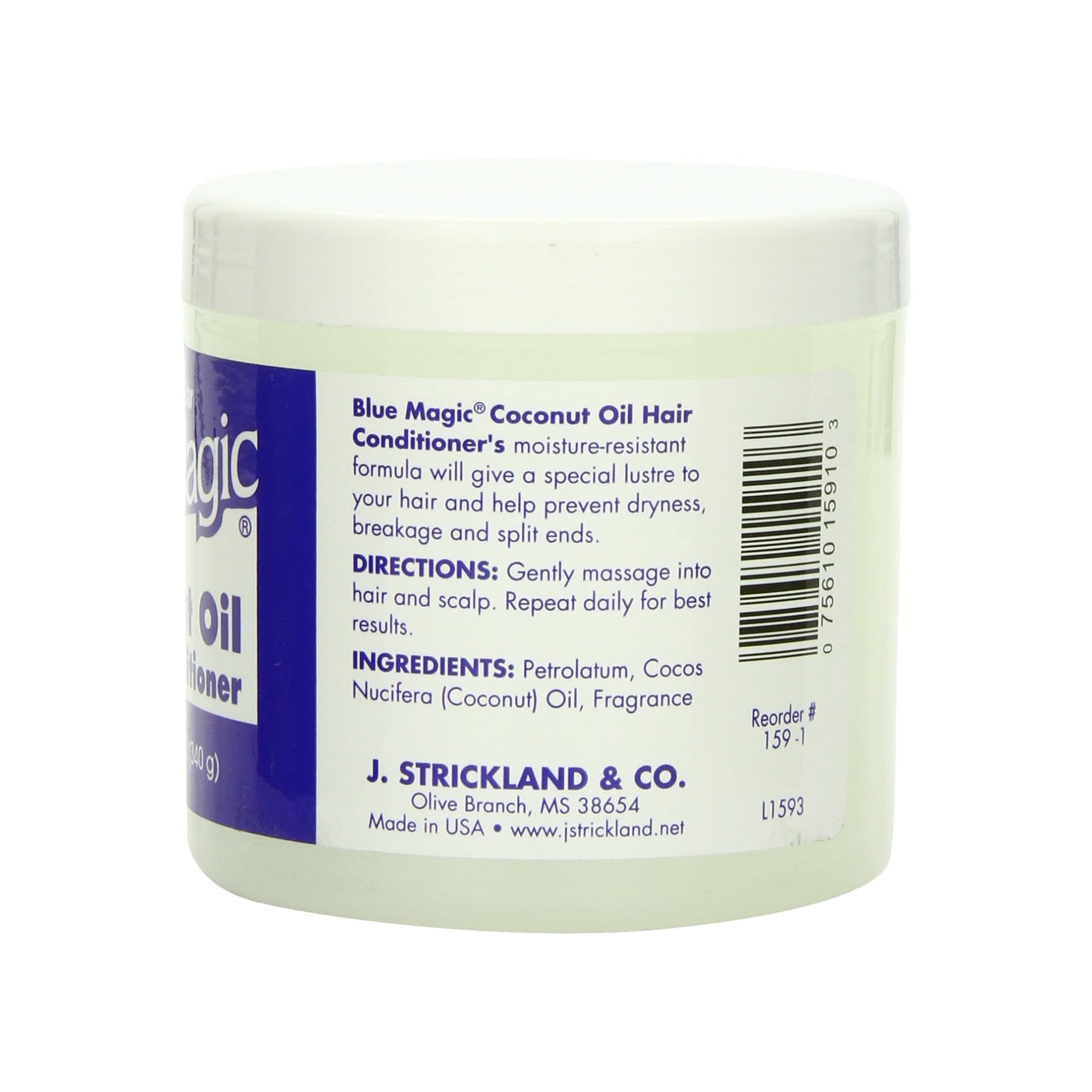 Bagsiden af en bøtte Blue Magic Coconut Oil Hair Conditioner med hvidt låg og blå etiket, der viser ingredienser og brugsanvisning.