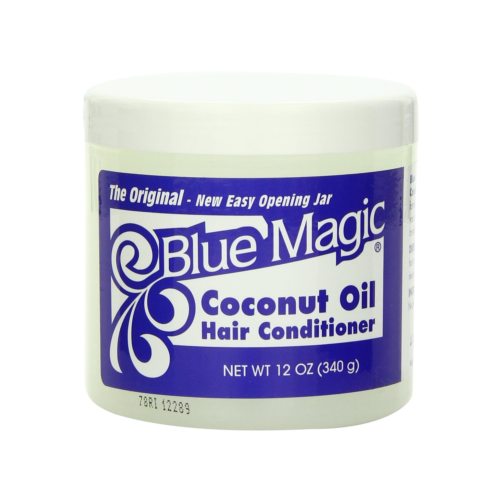En bøtte Blue Magic Coconut Oil Hair Conditioner med hvidt låg og blå etiket.