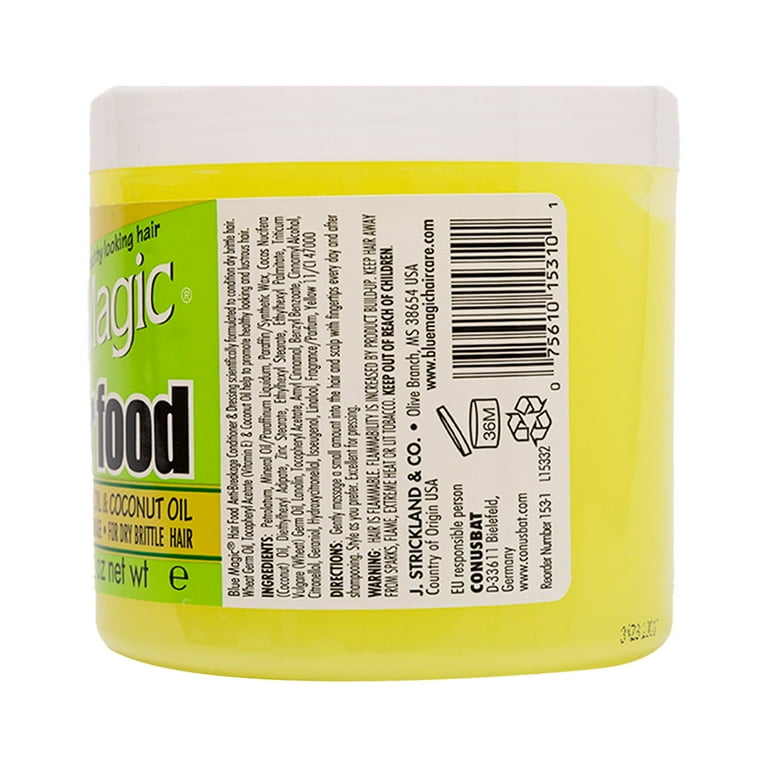 Bagsiden af en beholder Blue Magic Hair Food med ingrediensliste.