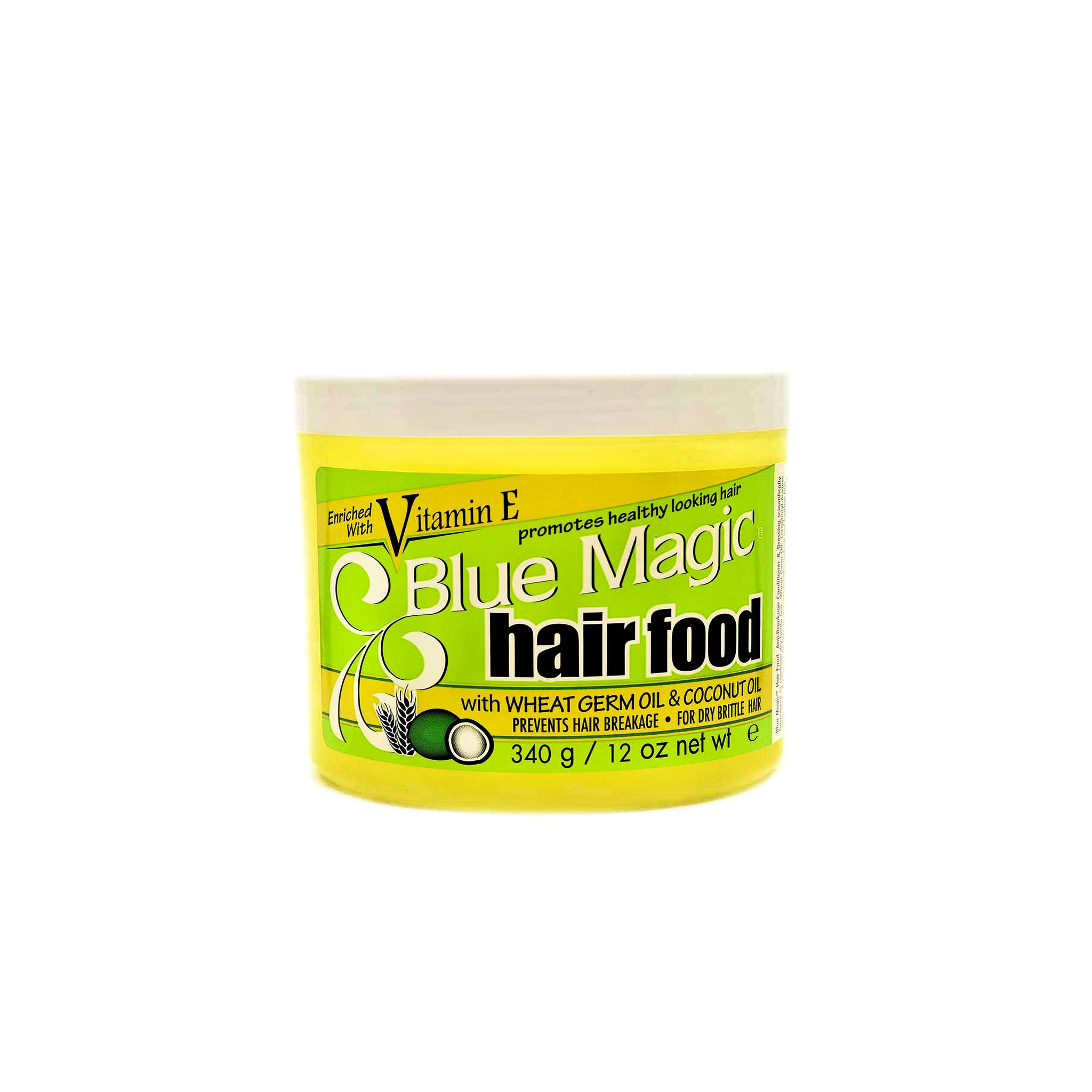 Klar beholder med Blue Magic Hair Food med hvedekimolie og kokosolie.
