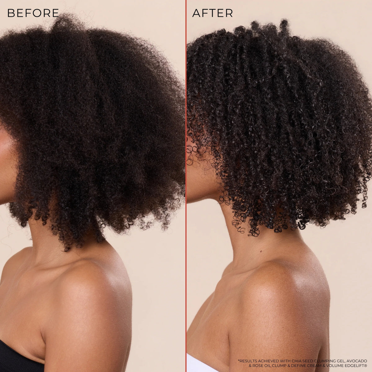 Før og efter krøller: pjusket afro-hår til definerede krøller med chia seed clumping gel.