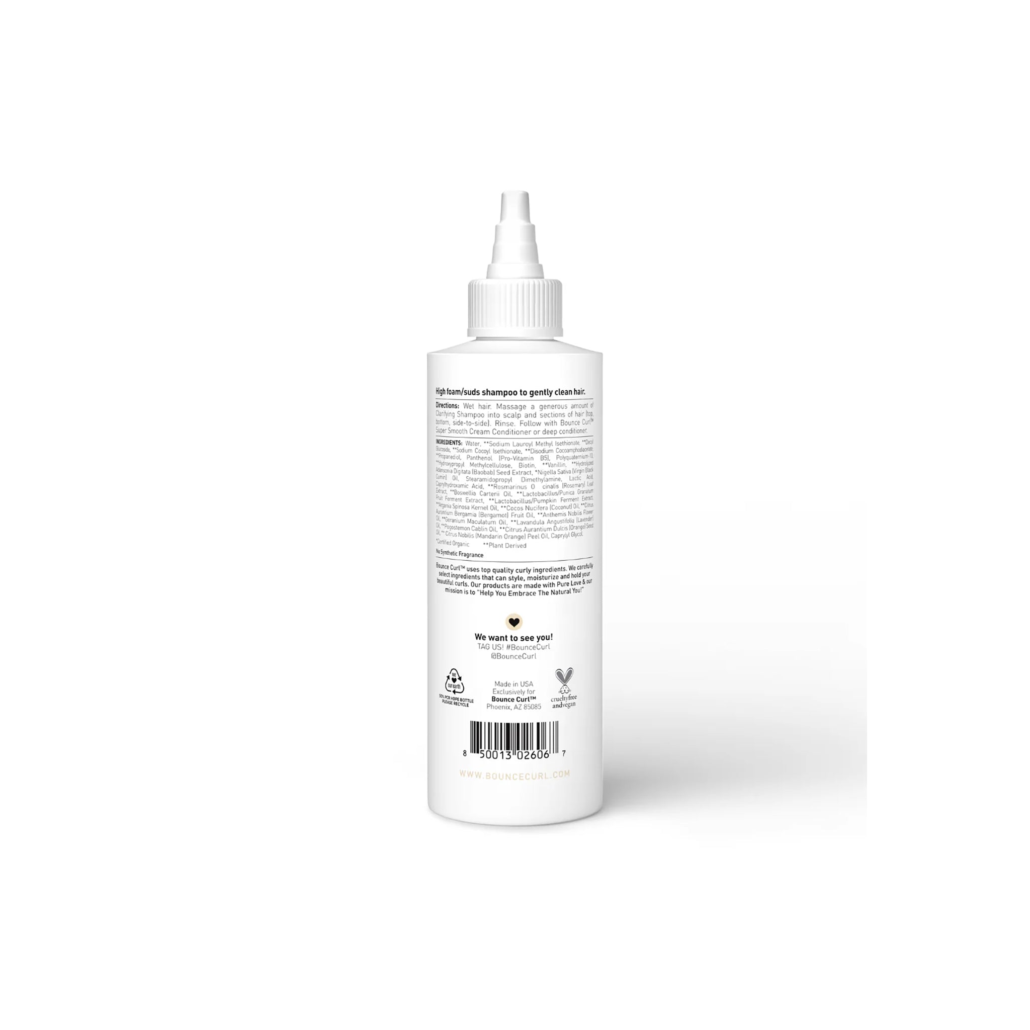 Bounce Curl Gentle Clarifying Shampoo 237 ml bagetiket med ingredienser og logo i sort tekst på hvid flaske.