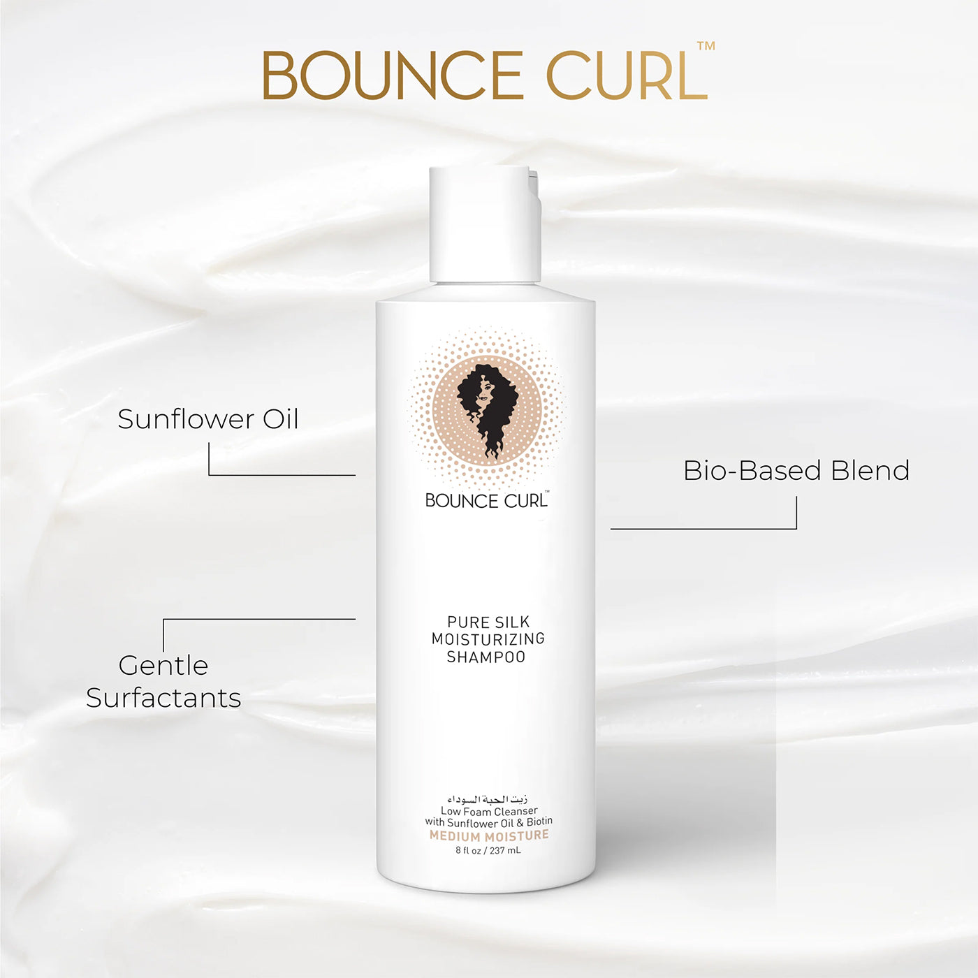 Bounce Curl Pure Silk Moisturizing Shampoo 237ml i hvid flaske med gyldent logo, giver silkeblødt, fugtet og skinnende hår.