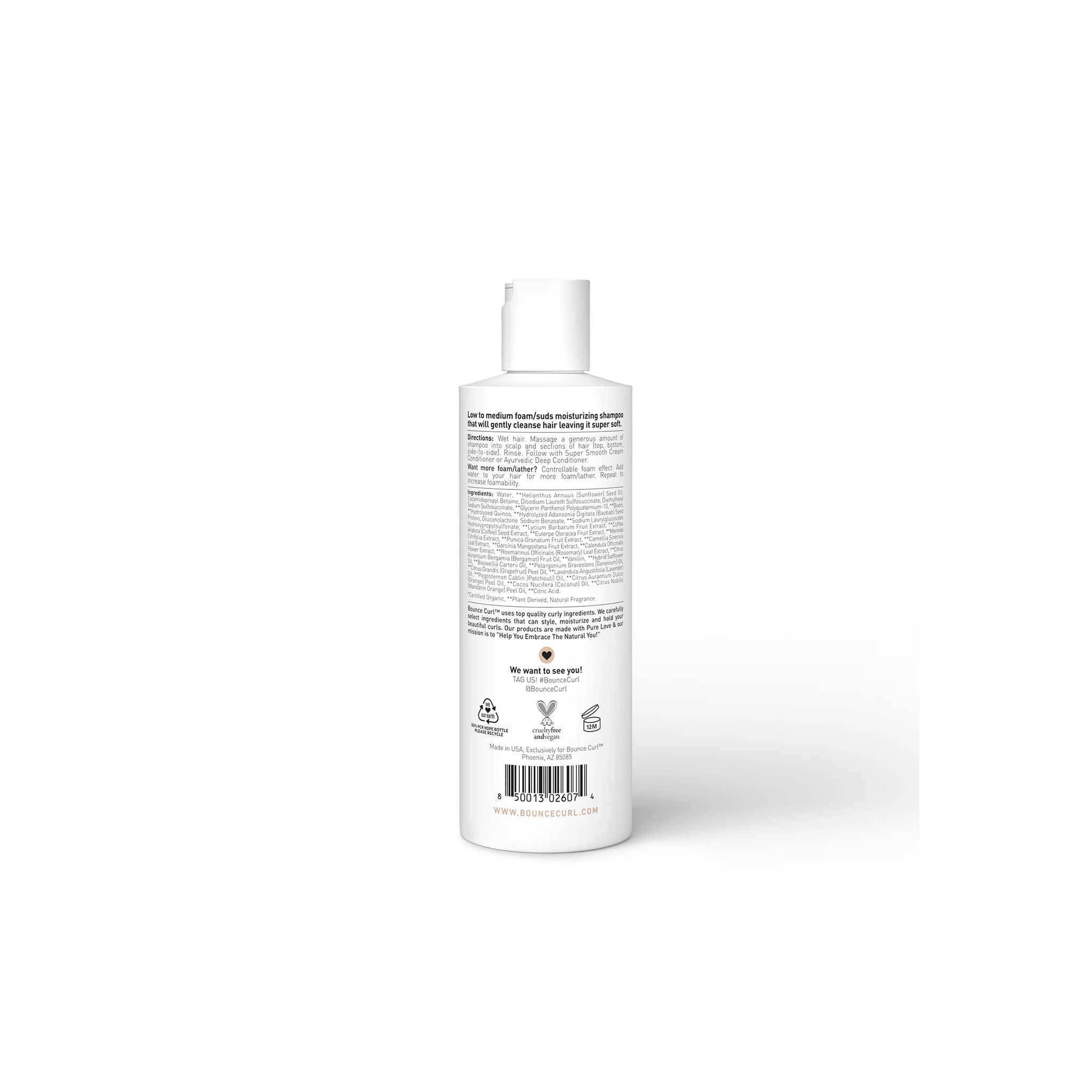 Bounce Curl Pure Silk Moisturizing Shampoo 237ml bagside med produktinformation, ingredienser og certificeringsikoner i elegant hvidt design.