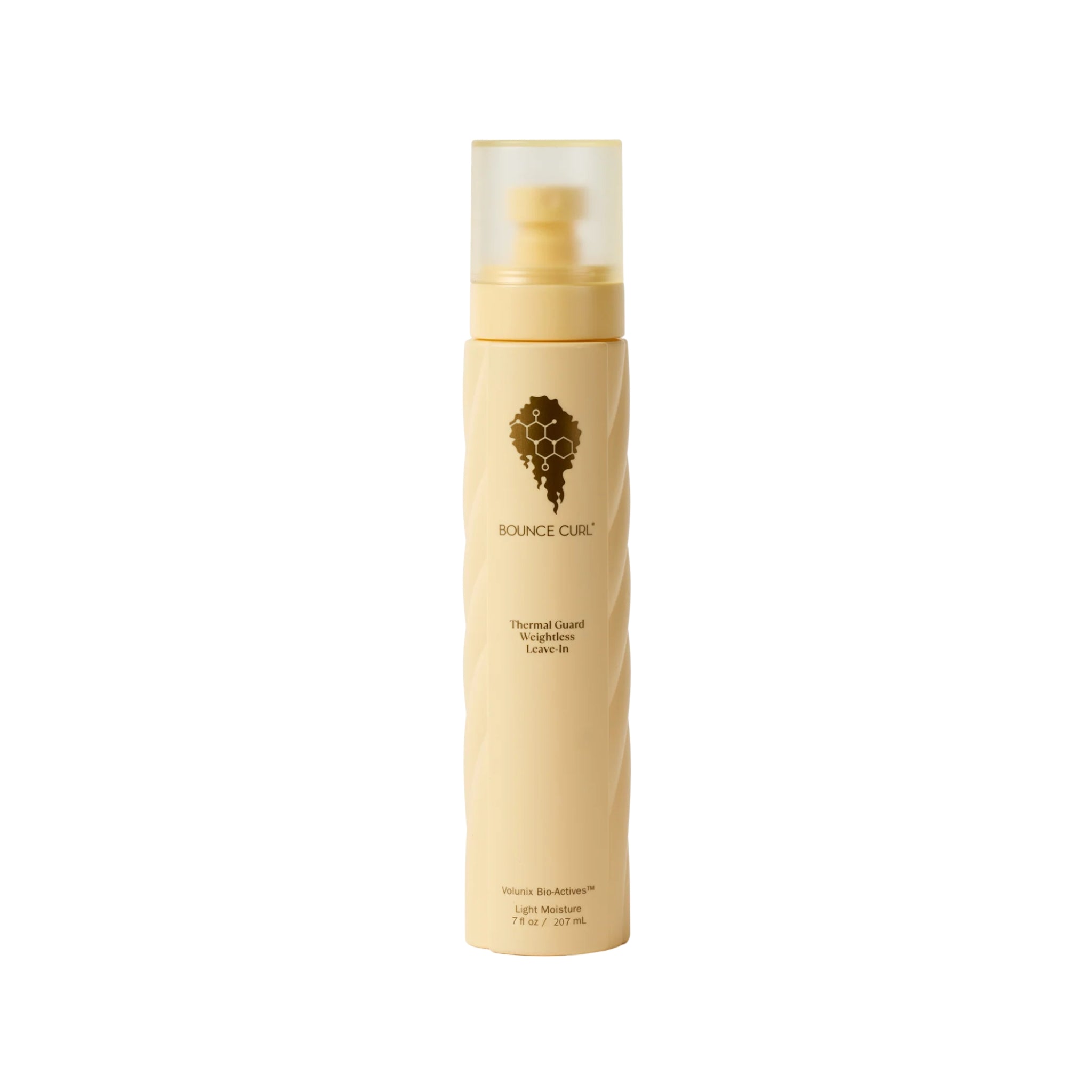 Bounce Curl Thermal Guard Weightless Leave-In spray bottle med guldlogo på cremefarvede etiket, 207 ml.