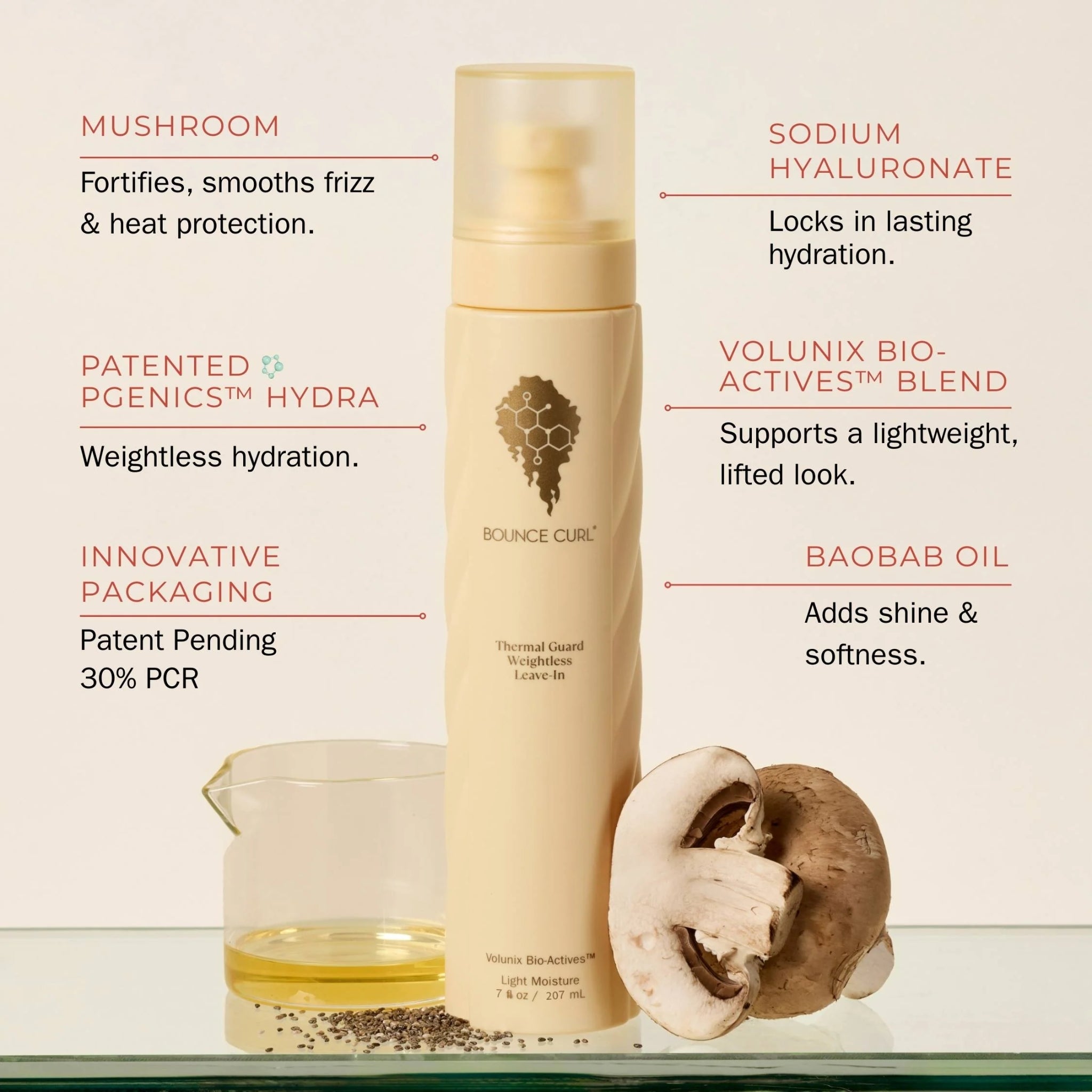 Bounce Curl Thermal Guard Weightless Leave-In spray med mushroom, sodium hyaluronate og baobab oil, omgivet af ingredienser og produktdetaljer.