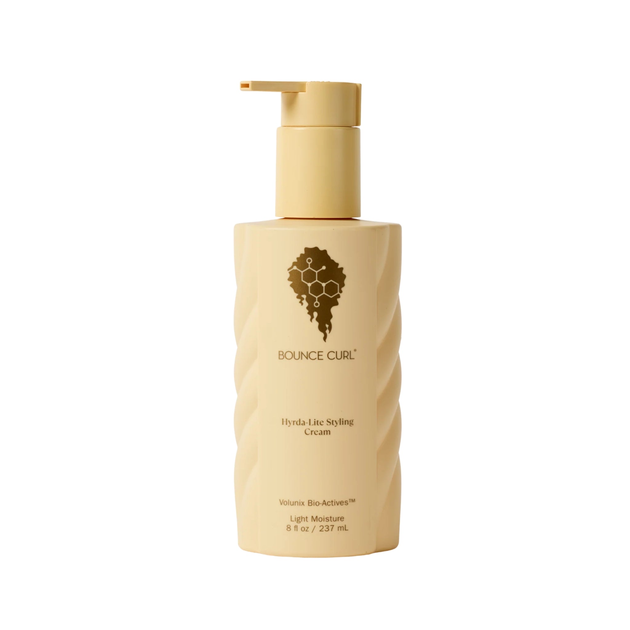 Bounce Curl Hydra-Lite Styling Cream i beige pumpe-flaske med guldlogo, 237 ml let fugtgivende hårprodukt med Volunix Bio-Actives.