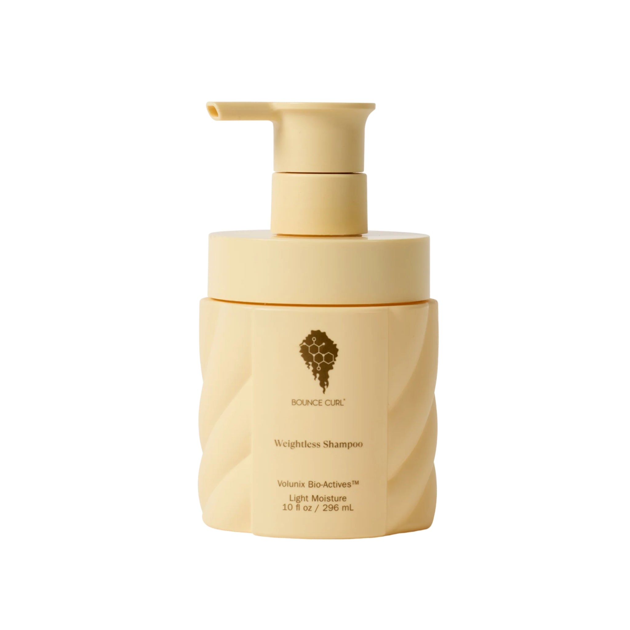 Bounce Curl Weightless Shampoo 296 mL pumpeflaske med beige farve og honeycomb-logo til volumizing hårpleje.