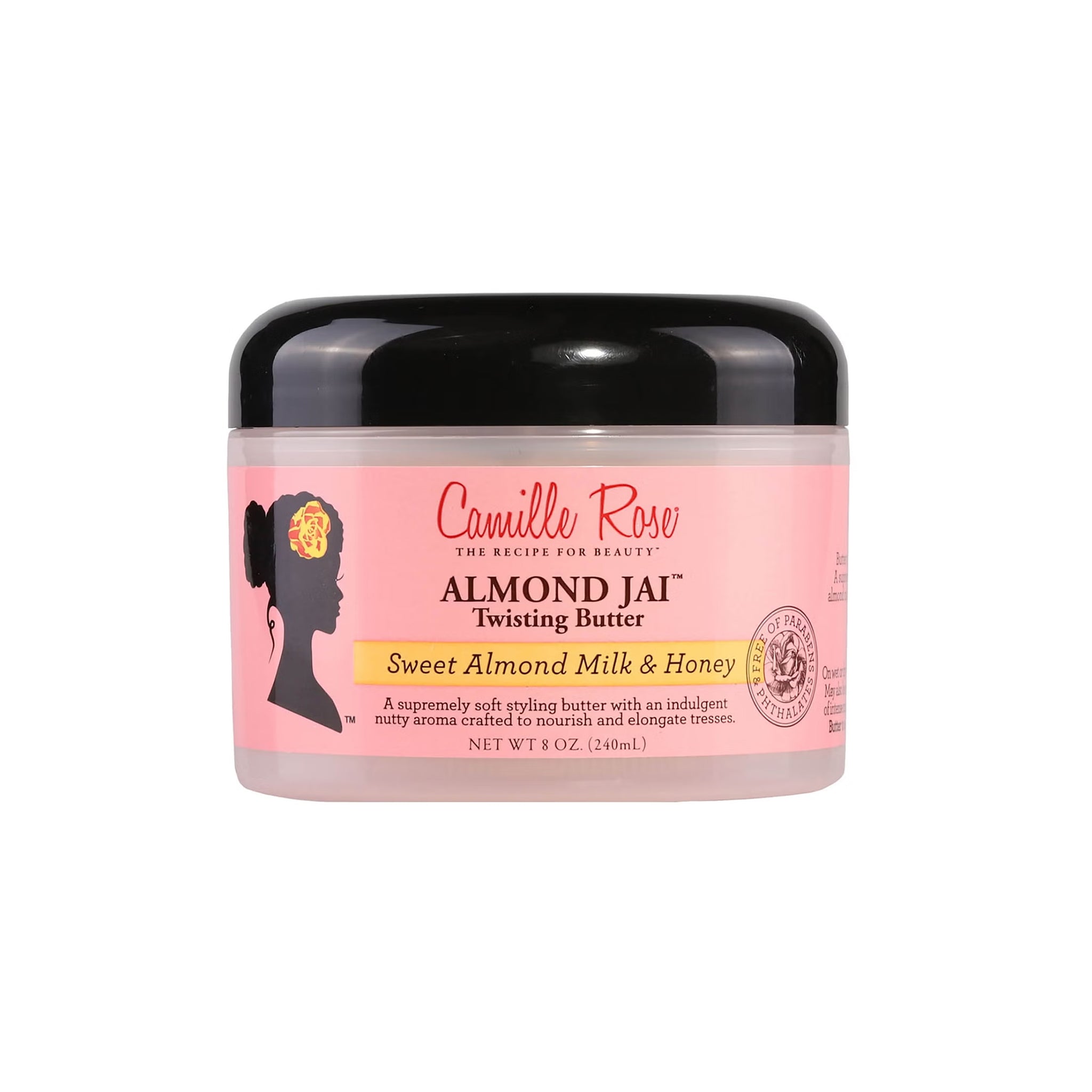 Camille Rose Almond Jai Twisting Butter med sød mandelmælk og honning i en klar beholder.