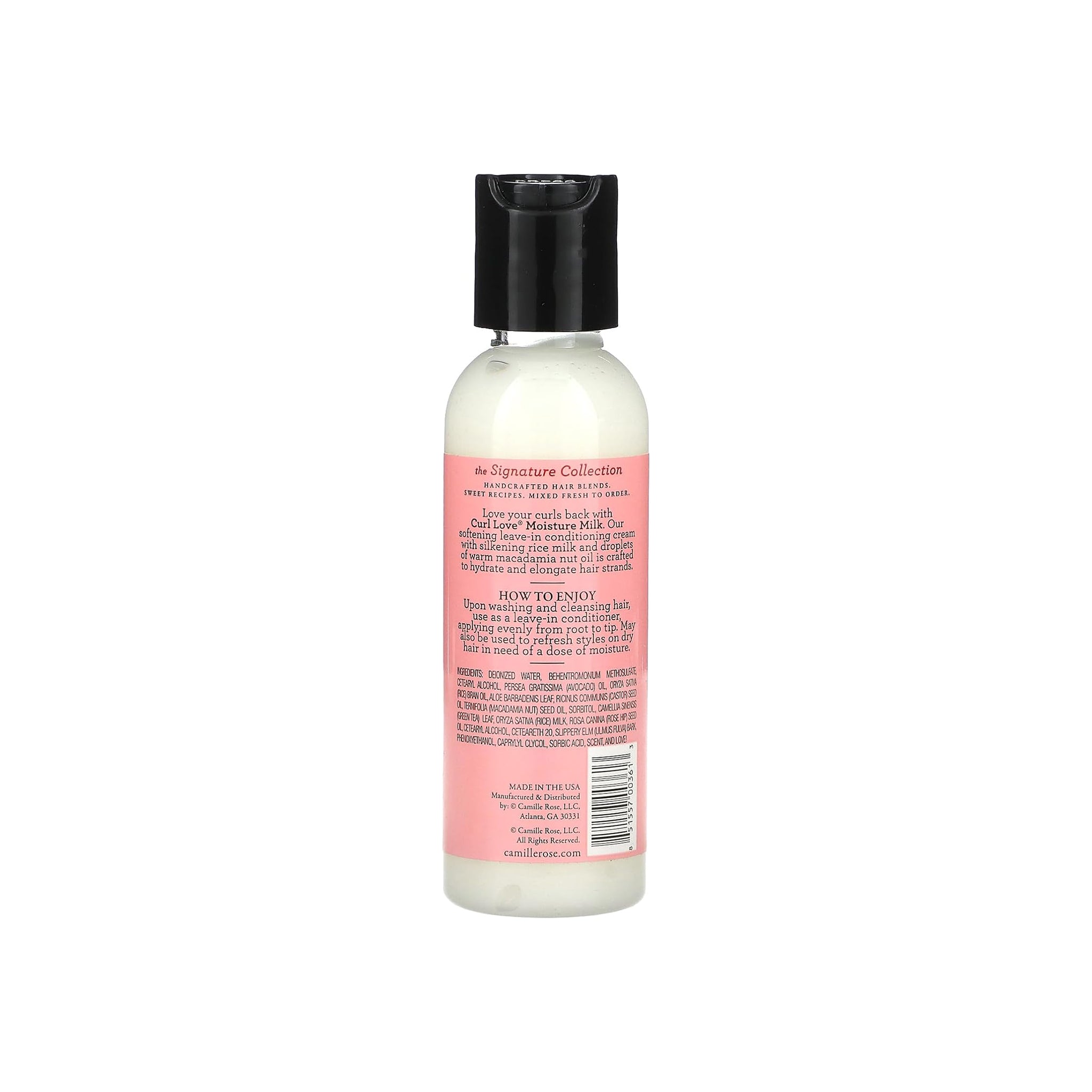 Bagsiden af Camille Rose Curl Love Moisture Milk, 59 ml, med lyserød etikette, produktbeskrivelse og brugsanvisning til hårpleje.