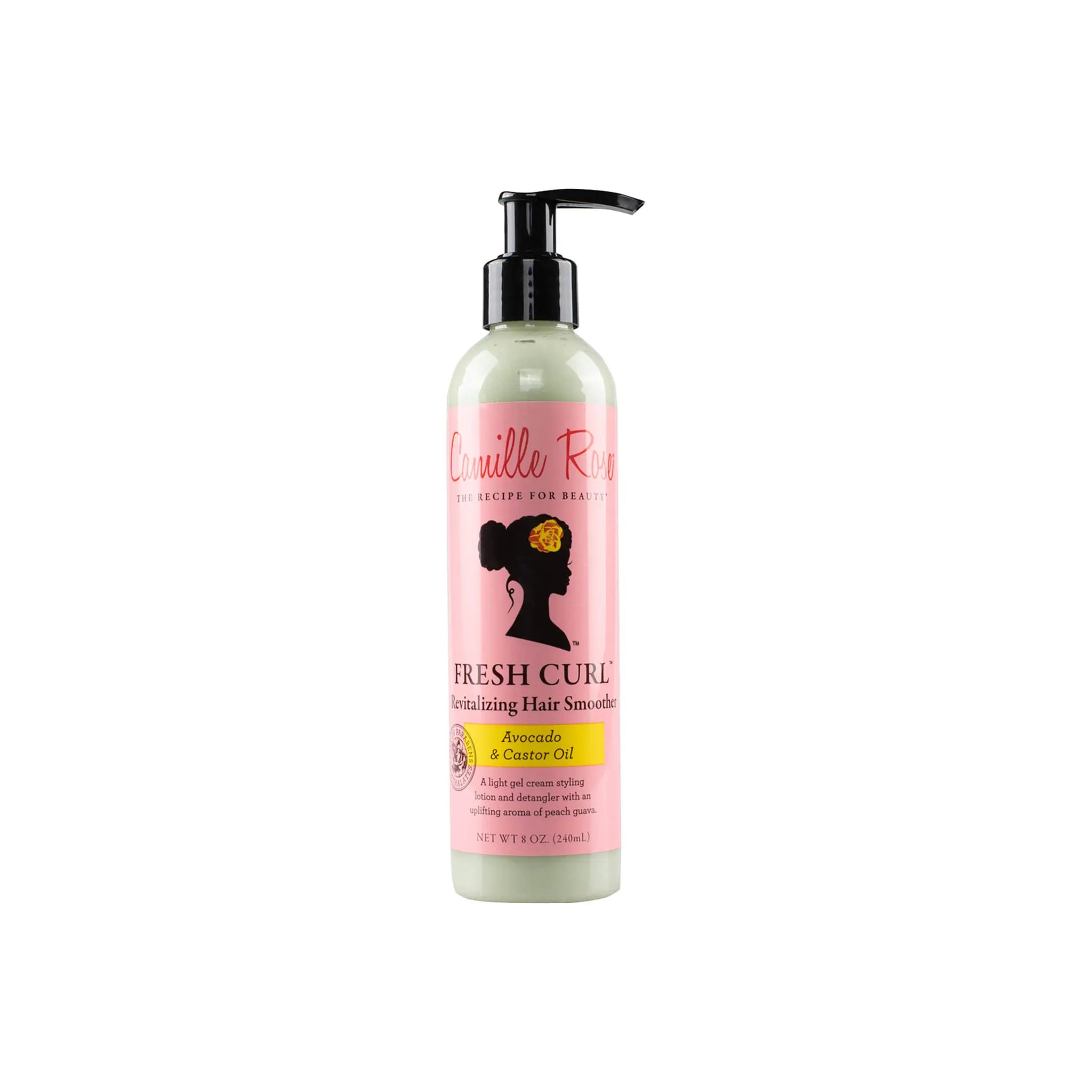 Camille Rose Fresh Curls Revitalizing Hair Smoother, 240ml. En hvid flaske med en pumpe, der indeholder en plejende creme til krøllet hår.