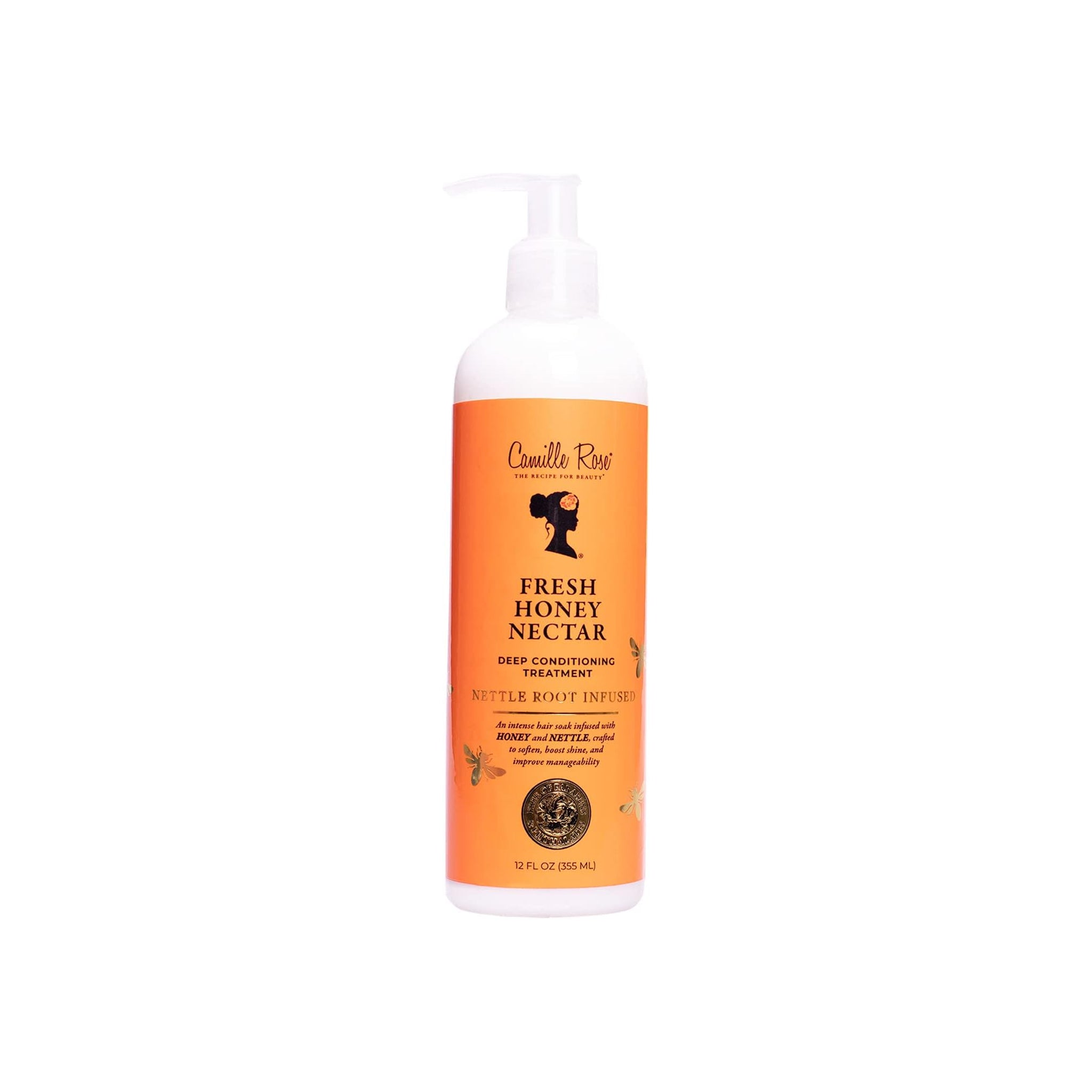 Camille Rose Fresh Honey Nectar Deep Conditioning Treatment, 355ml. En hvid flaske med en pumpe dispenser, fyldt med en gylden, cremet hårkur.