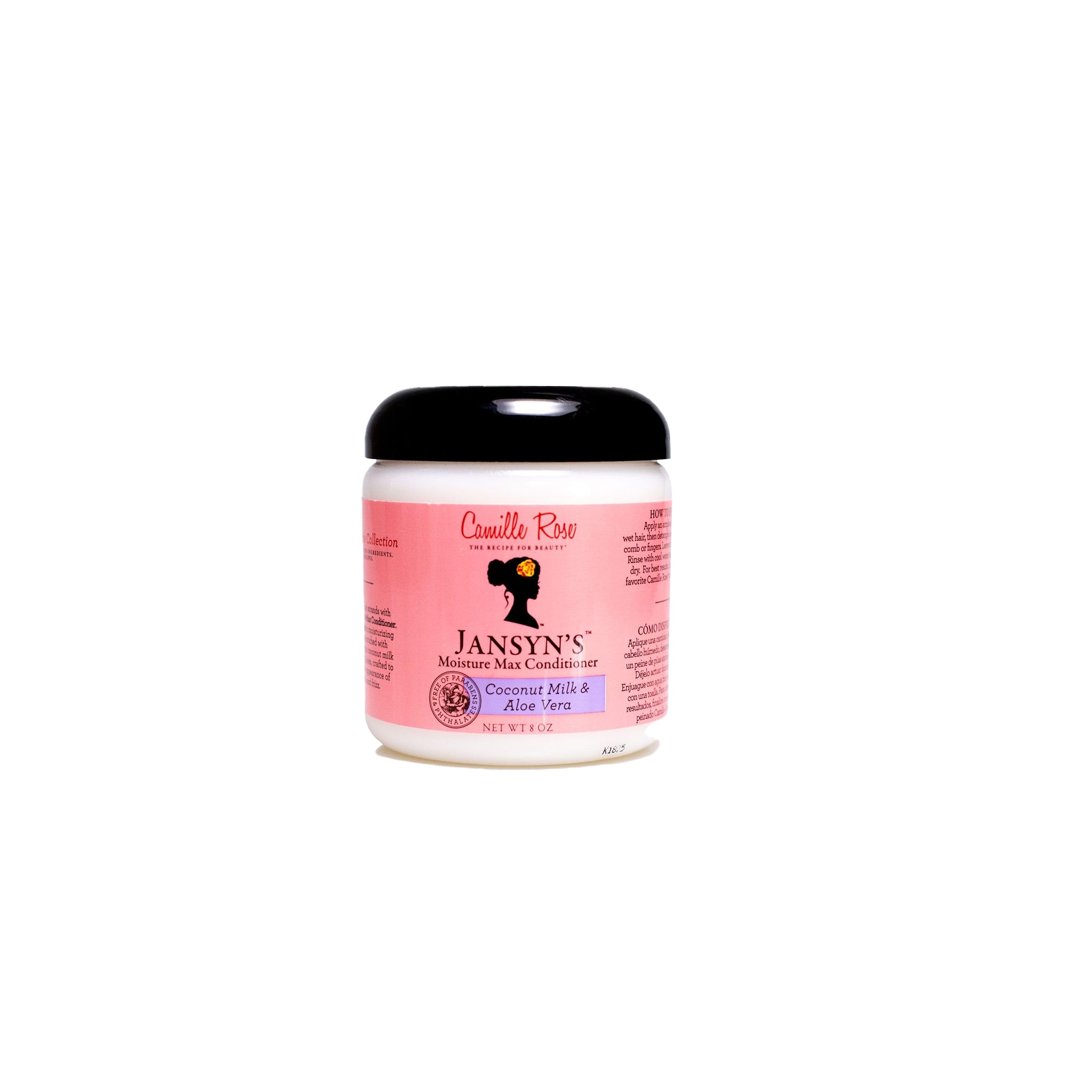 Klar beholder med lilla låg indeholdende Camille Rose Jansyn's Moisture Max Conditioner. Produktet er placeret på en hvid baggrund.