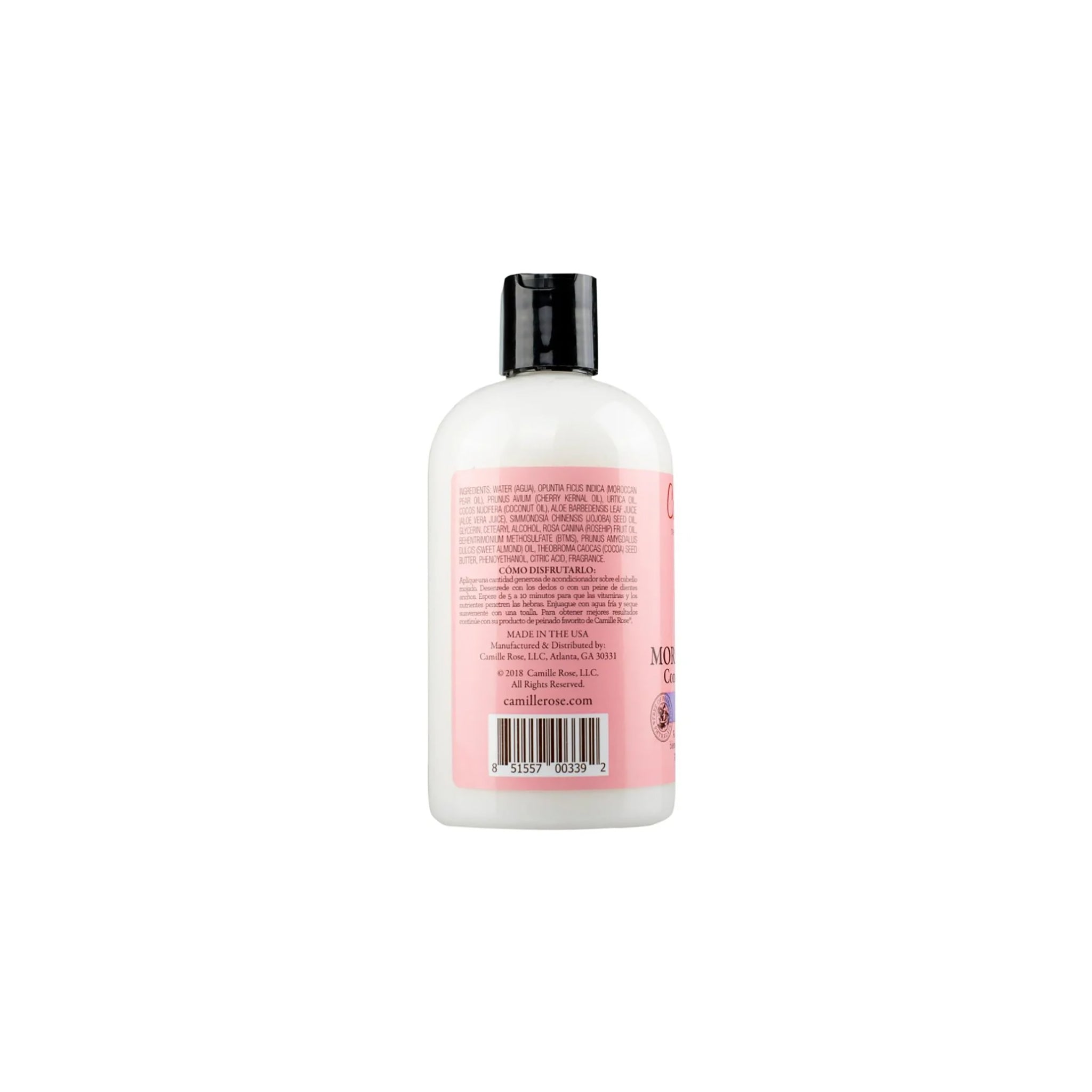 Bagside af Camille Rose Moroccan Pear Conditioning Custard-flaske: Hvid flaske med lyserød etiket med ingrediensliste og brugsanvisning.