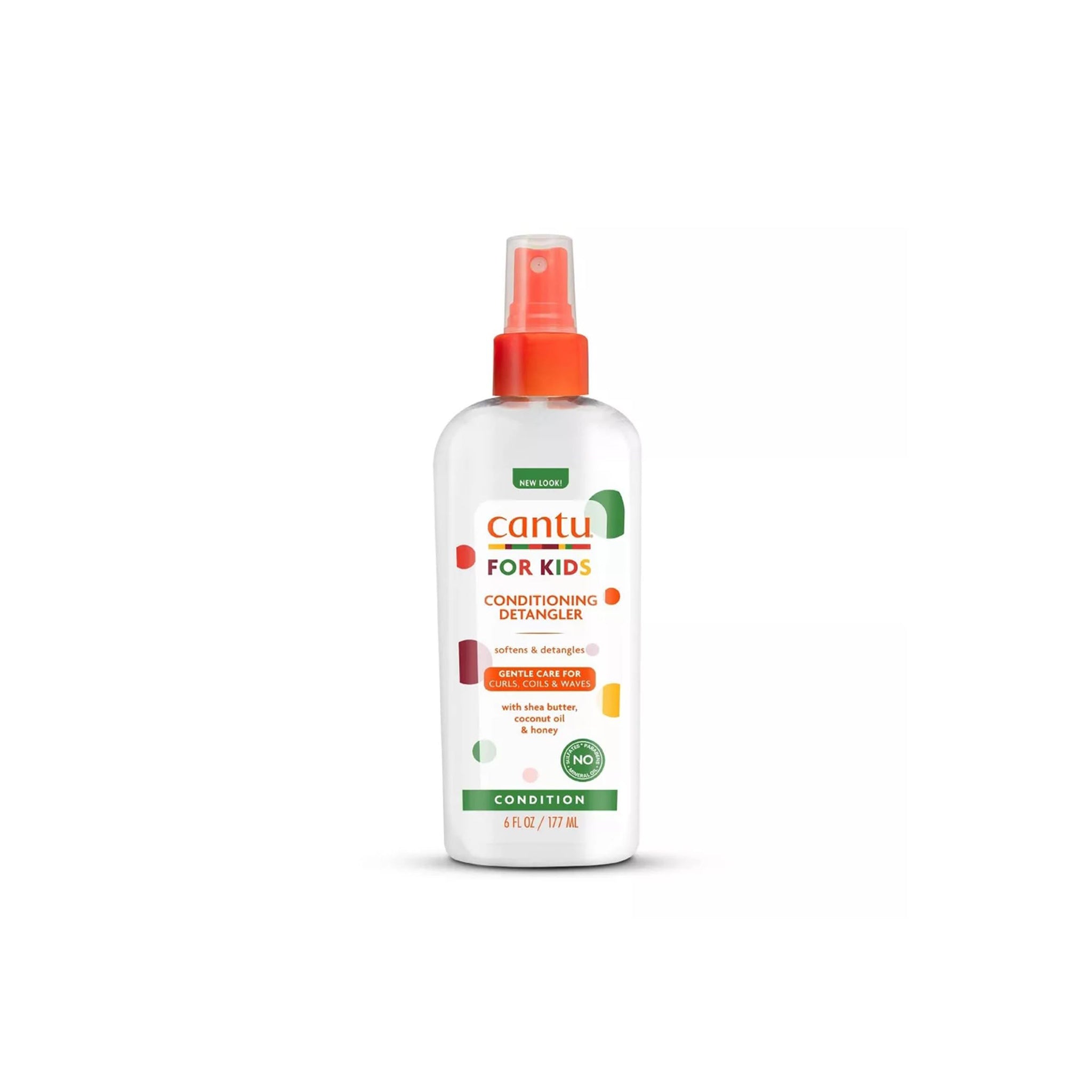 Hvid sprayflaske med orange top indeholdende Cantu For Kids Conditioning Detangler.