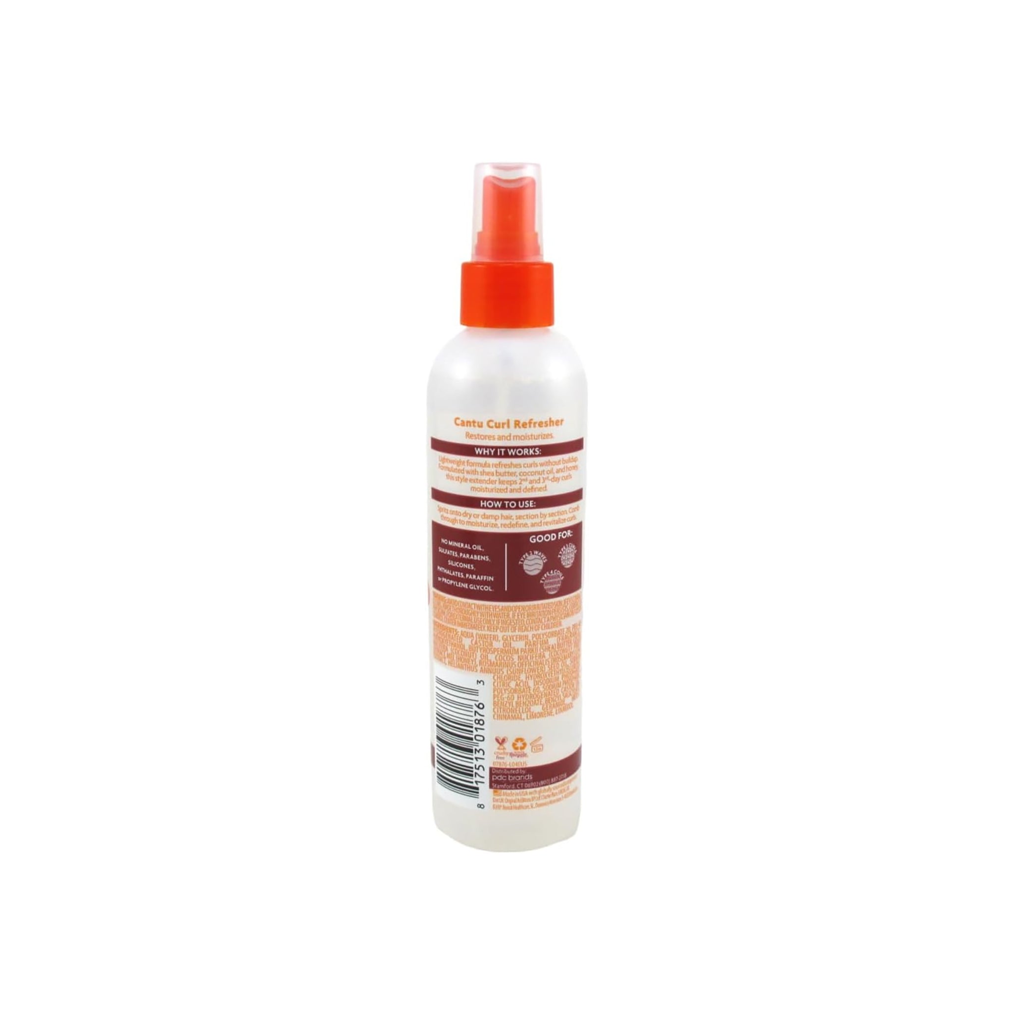 Bagsiden af en hvid sprayflaske med orange top indeholdende Cantu For Kids Curl Refresher.