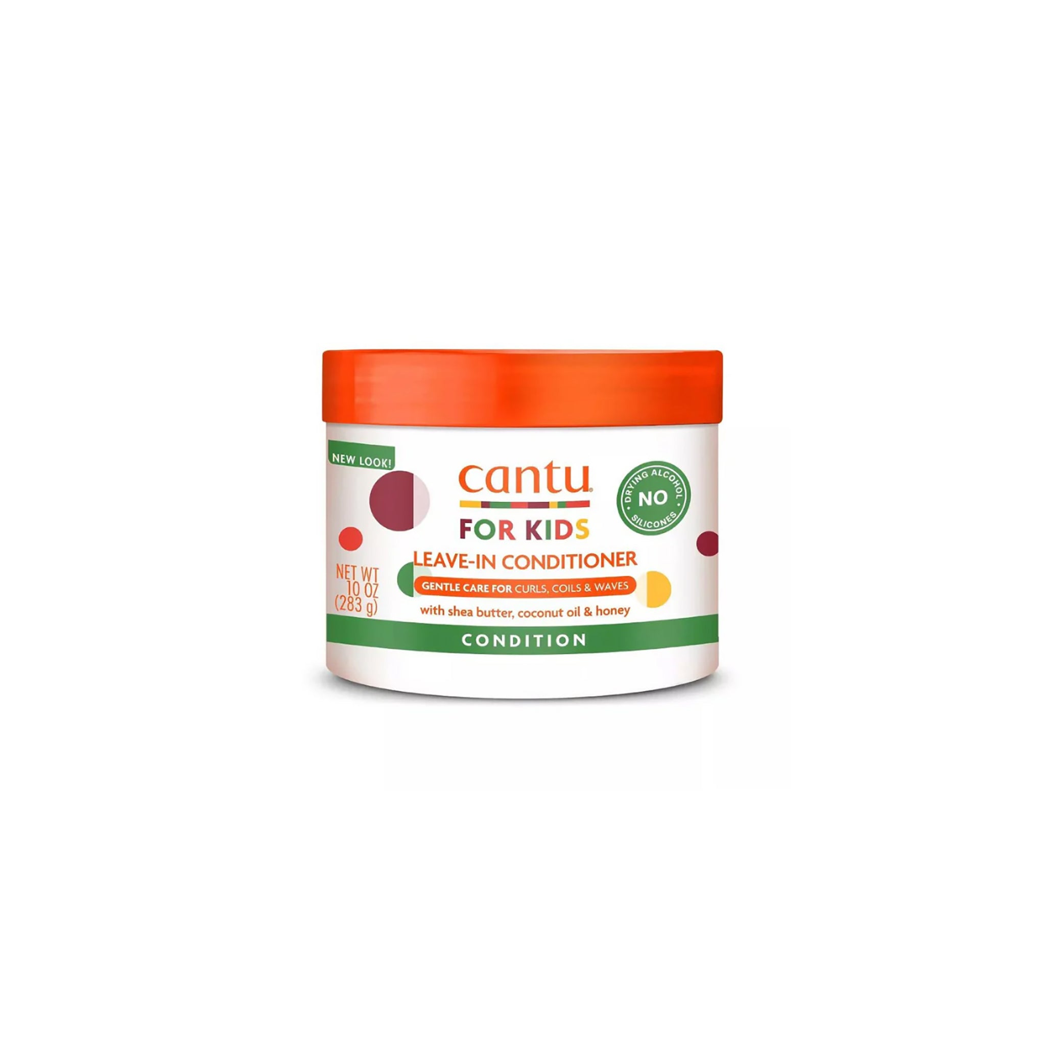 Hvid beholder med orange låg indeholdende Cantu For Kids Leave-In Conditioner. 